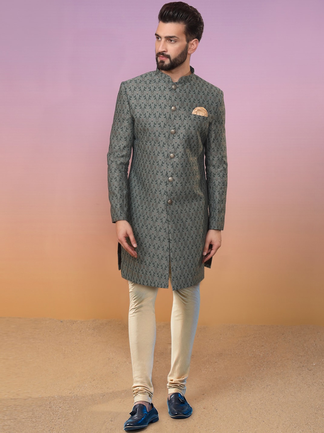 

KISAH Printed Mandarin Collar Sherwani Set, Green
