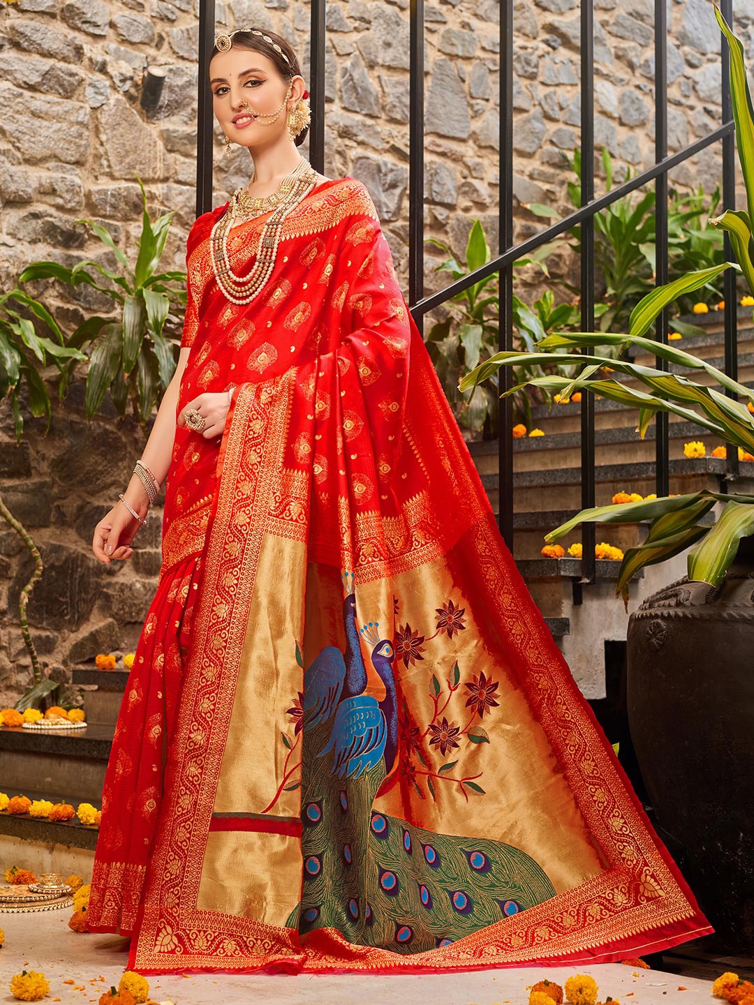 

KALINI Ethnic Motifs Woven Design Zari Detail Paithani Saree, Red