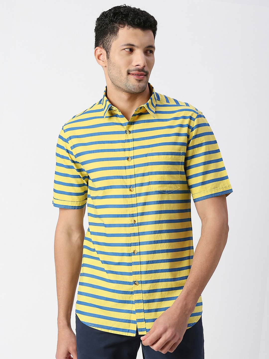 

SNX Horizontal Striped Classic Tailored Fit Opaque Cotton Casual Shirt, Yellow