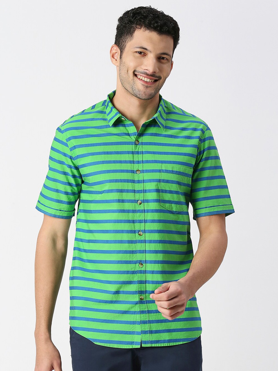

SNX Classic Tailored Fit Horizontal Striped Pure Cotton Casual Shirt, Green