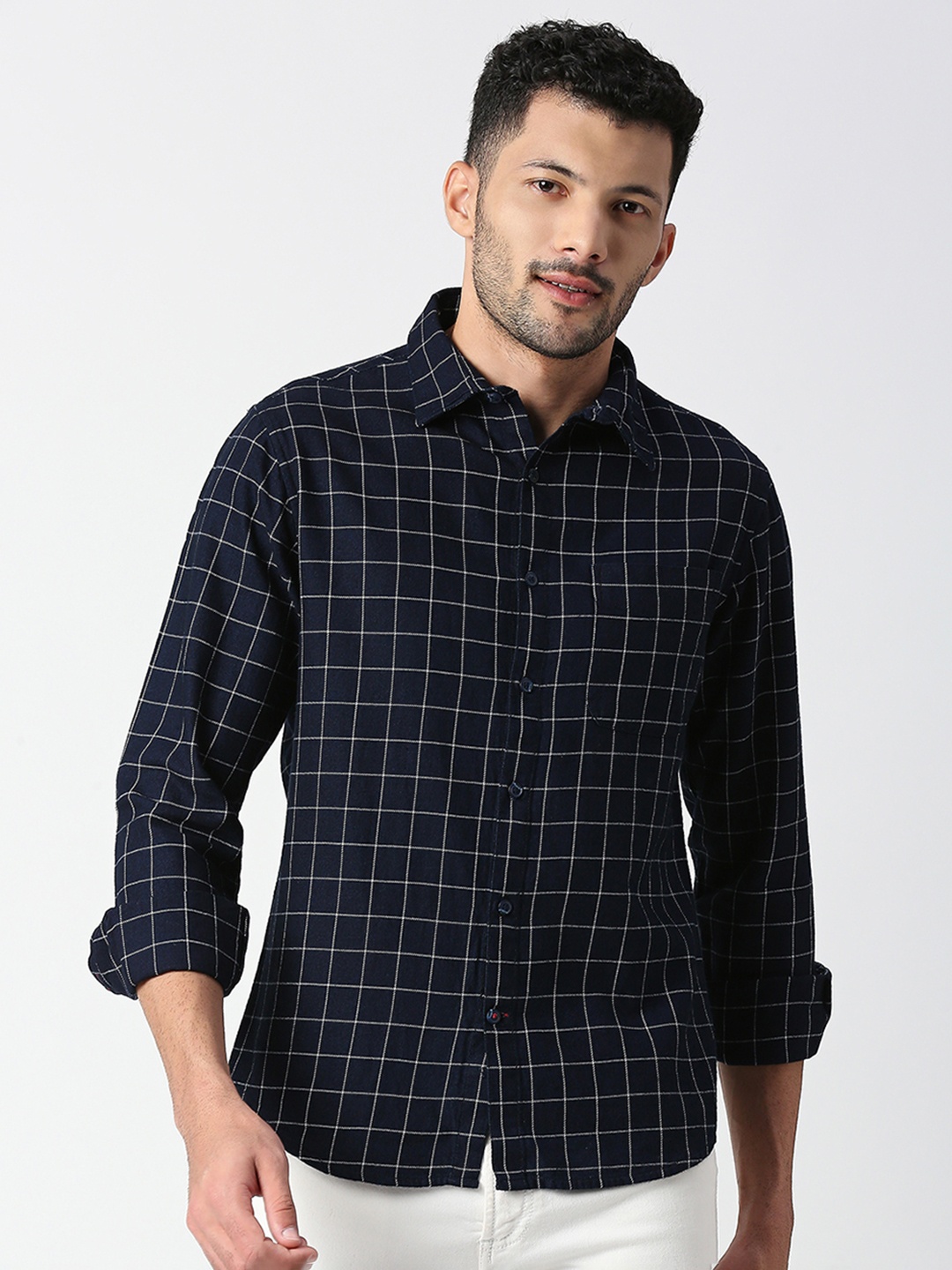 

SNX Grid Tattersall Checked Classic Tailored Fit Opaque Cotton Casual Shirt, Navy blue