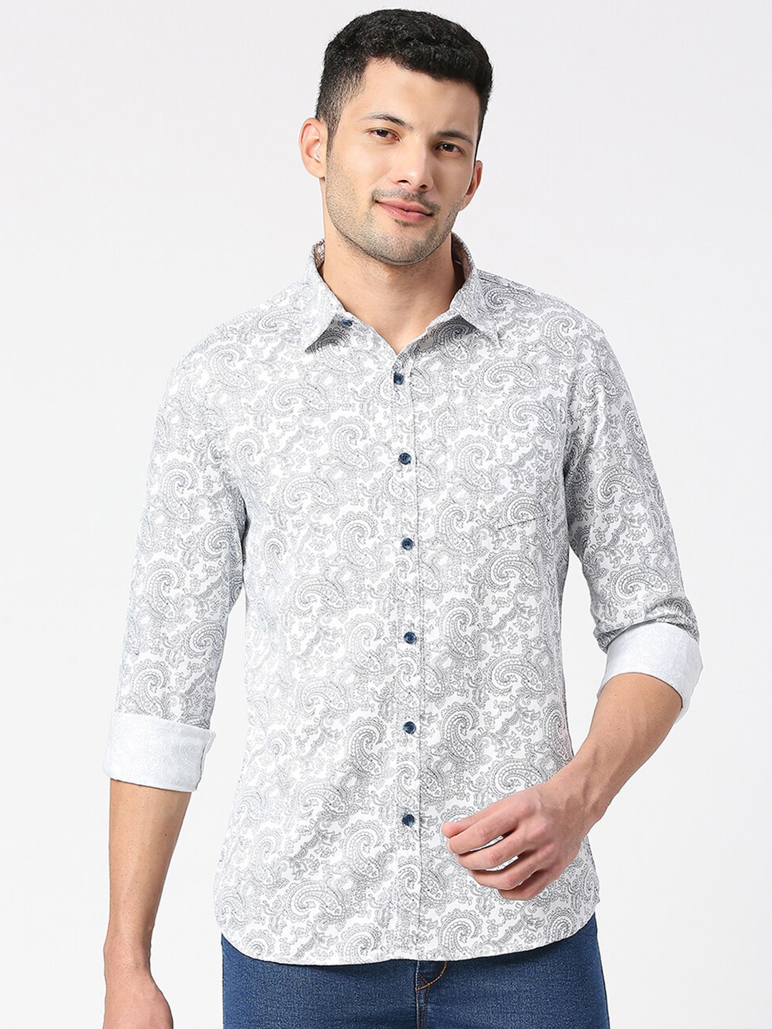 

SNX Tailored Fit Paisley Printed Cotton Casual Shirt, White