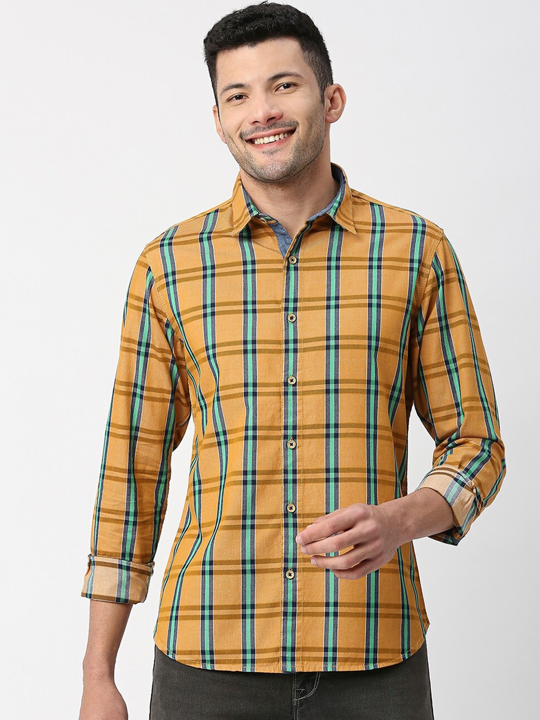 

SNX Tartan Checked Classic Tailored Fit Opaque Cotton Casual Shirt, Yellow