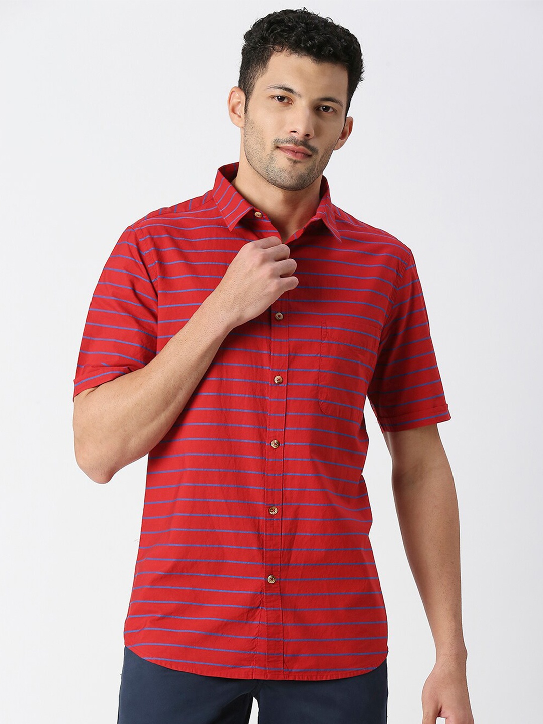 

SNX Horizontal Striped Classic Tailored Fit Opaque Cotton Casual Shirt, Red