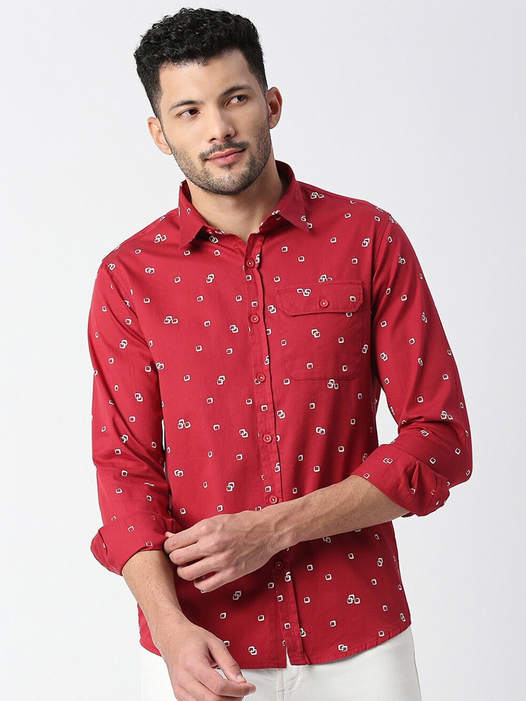 

SNX Geometric Printed Classic Tailored Fit Opaque Cotton Casual Shirt, Maroon