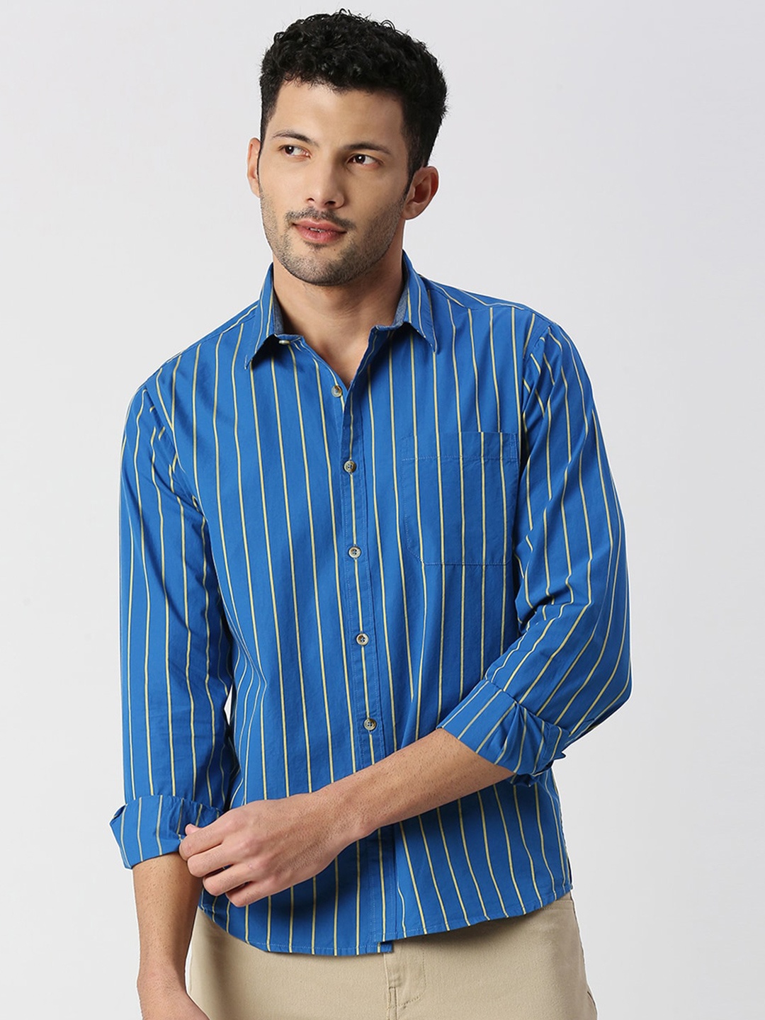 

SNX Vertical Striped Classic Tailored Fit Opaque Cotton Casual Shirt, Blue
