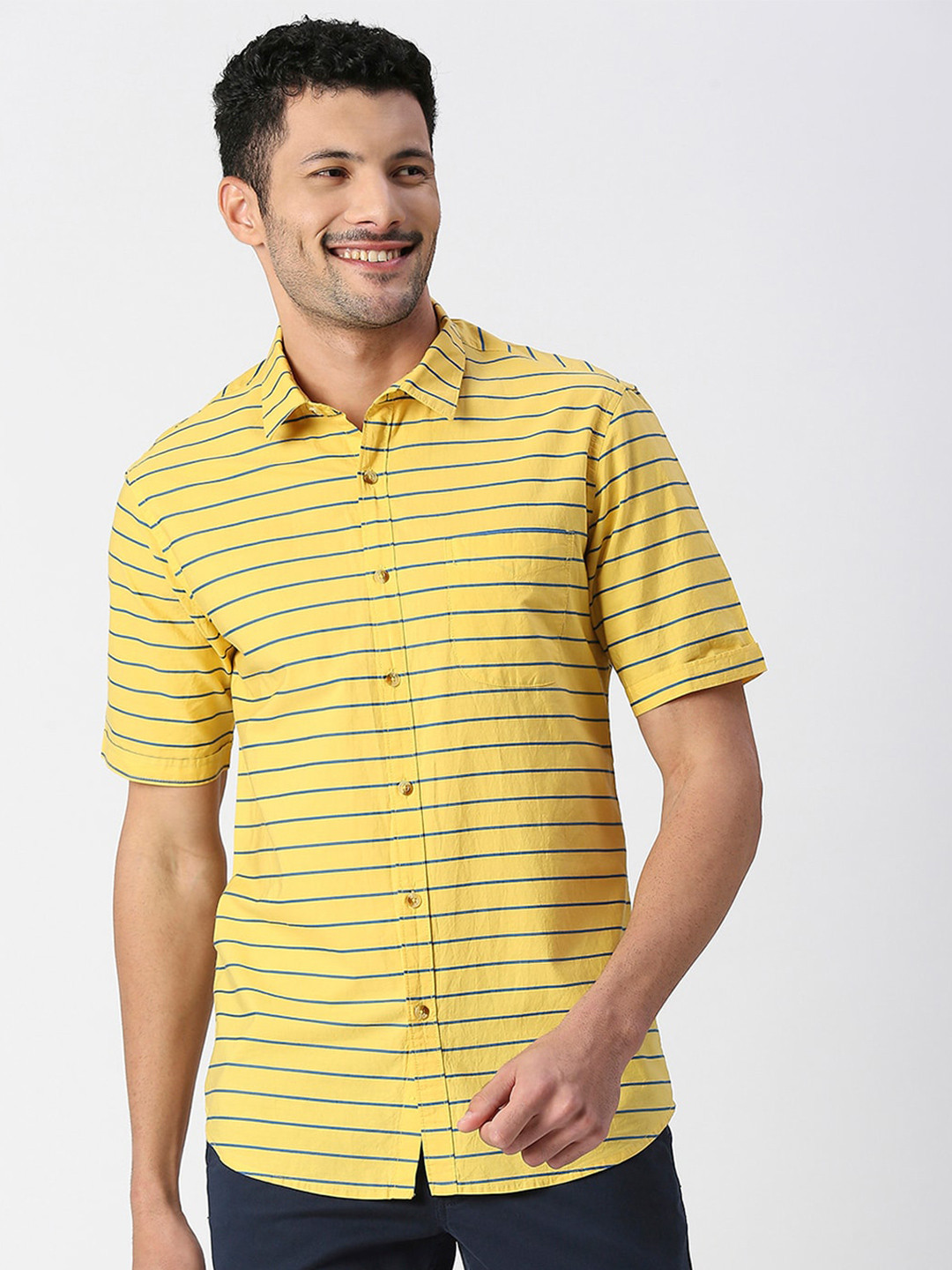

SNX Classic Tailored Fit Horizontal Striped Pure Cotton Casual Shirt, Yellow