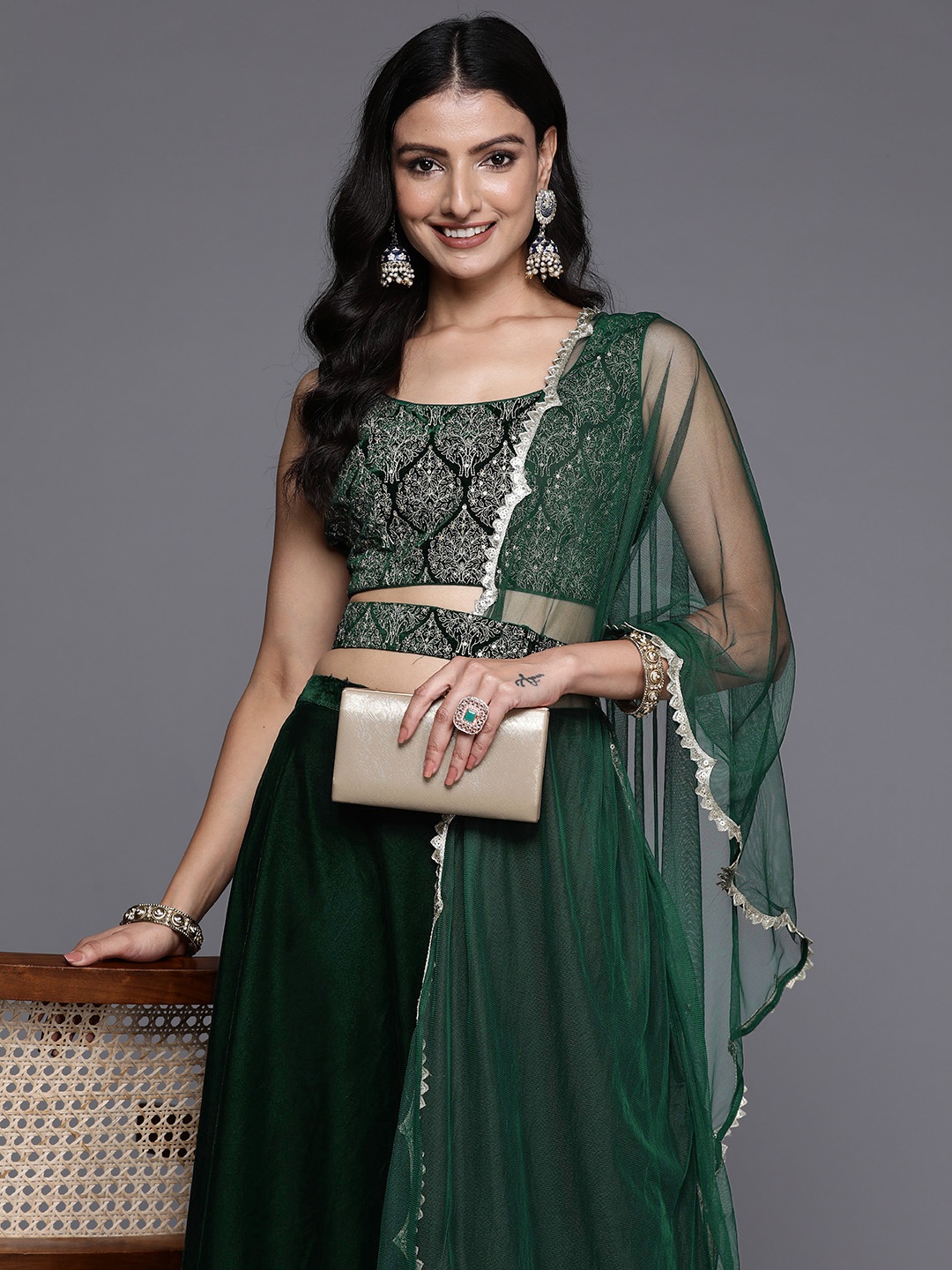 

Libas Embroidered Thread Work Ready to Wear Lehenga & Blouse With Dupatta, Green