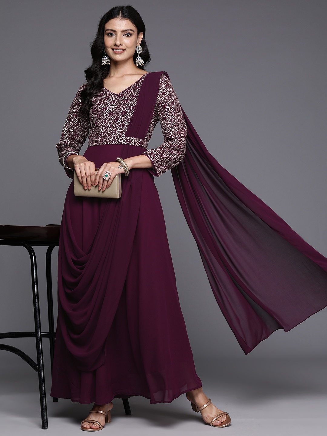 

Libas Embellished Georgette Maxi Dress, Burgundy
