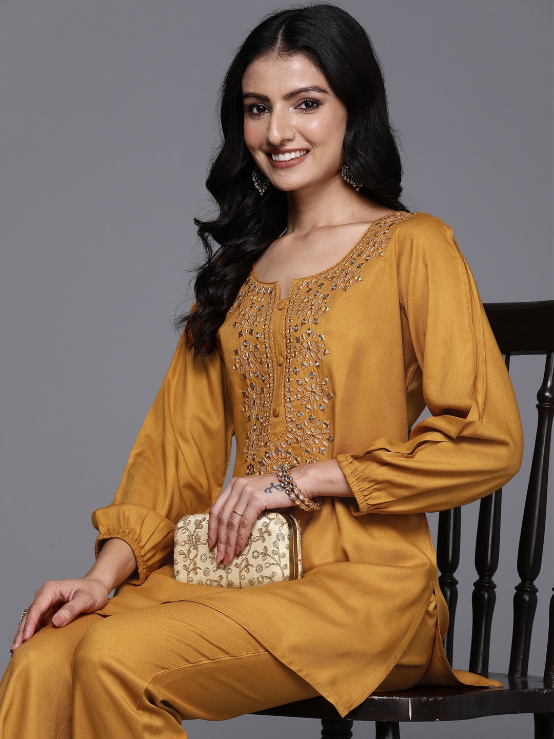 

Libas Women Floral Yoke Design Embroidered Pashima Tunic with Trousers, Mustard