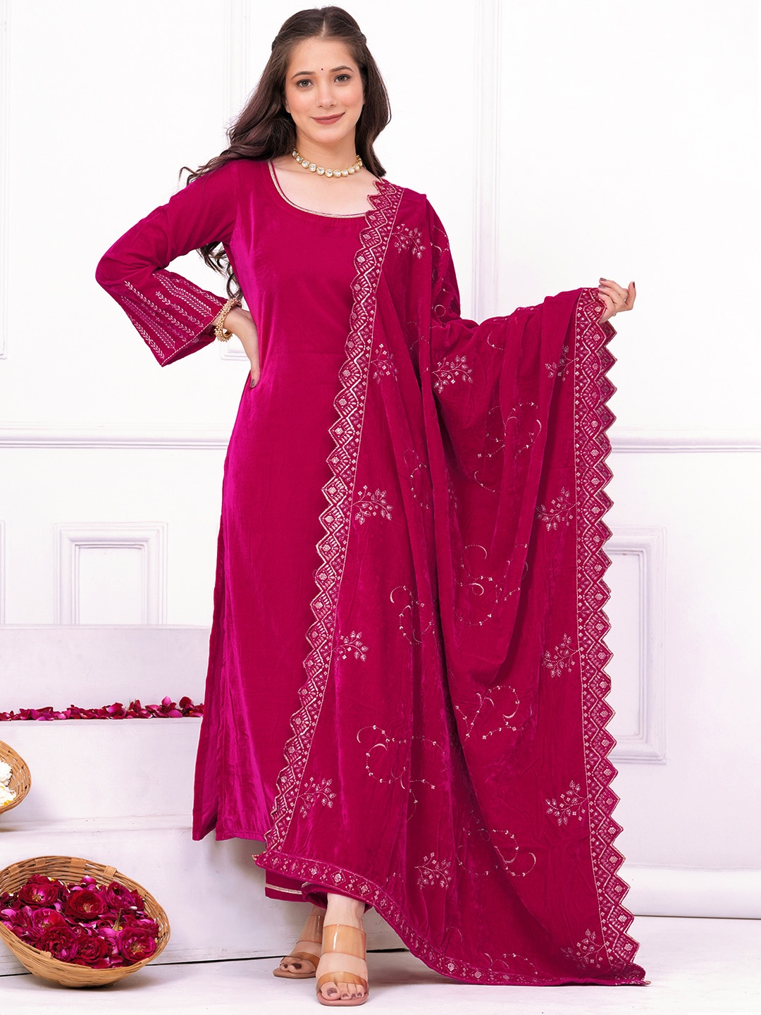 

Libas Sequinned Flared Sleeves Velvet Kurta with Trousers & Dupatta, Pink
