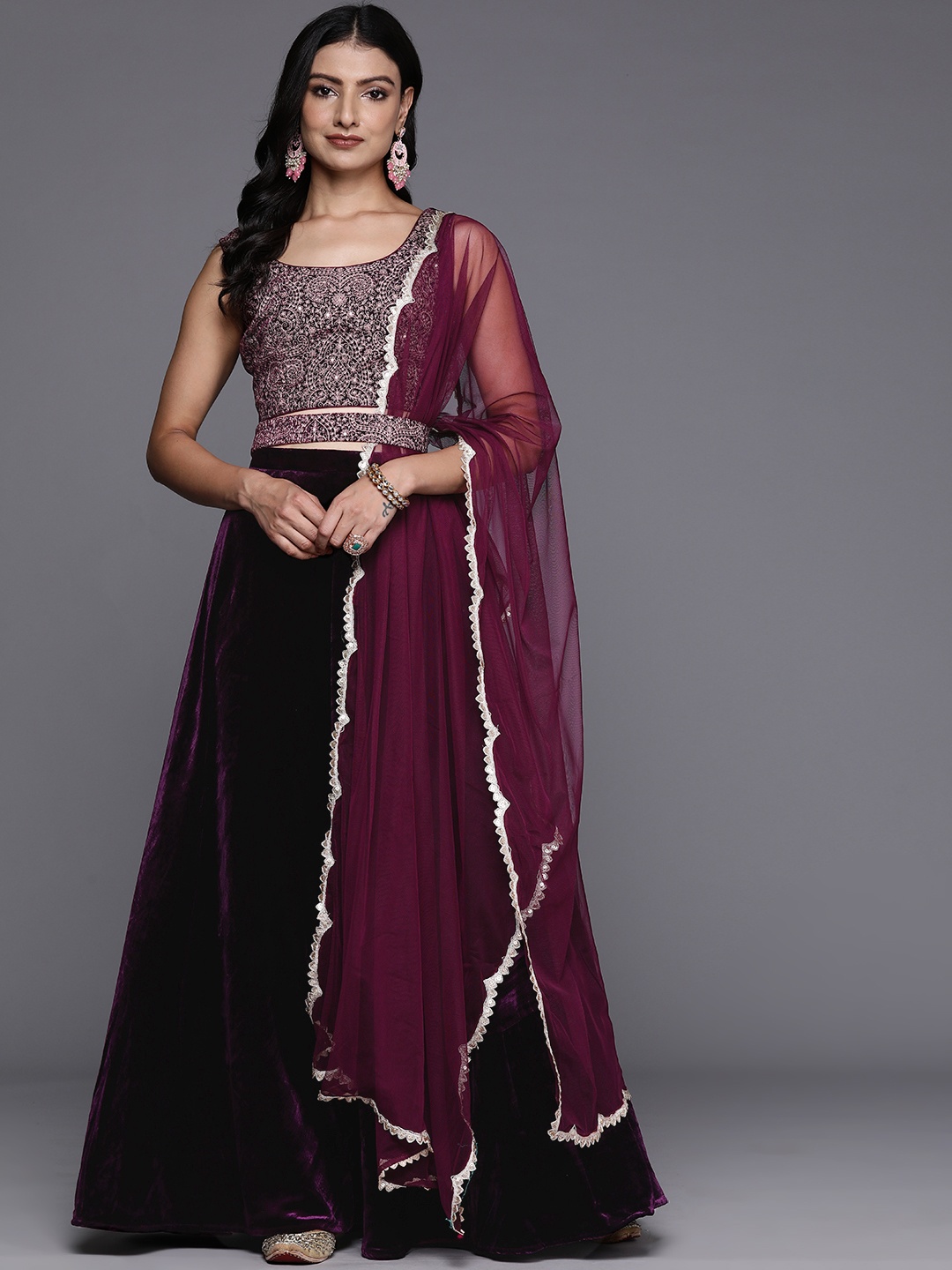 

Libas Embroidered Thread Work Ready to Wear Lehenga & Blouse With Dupatta, Burgundy