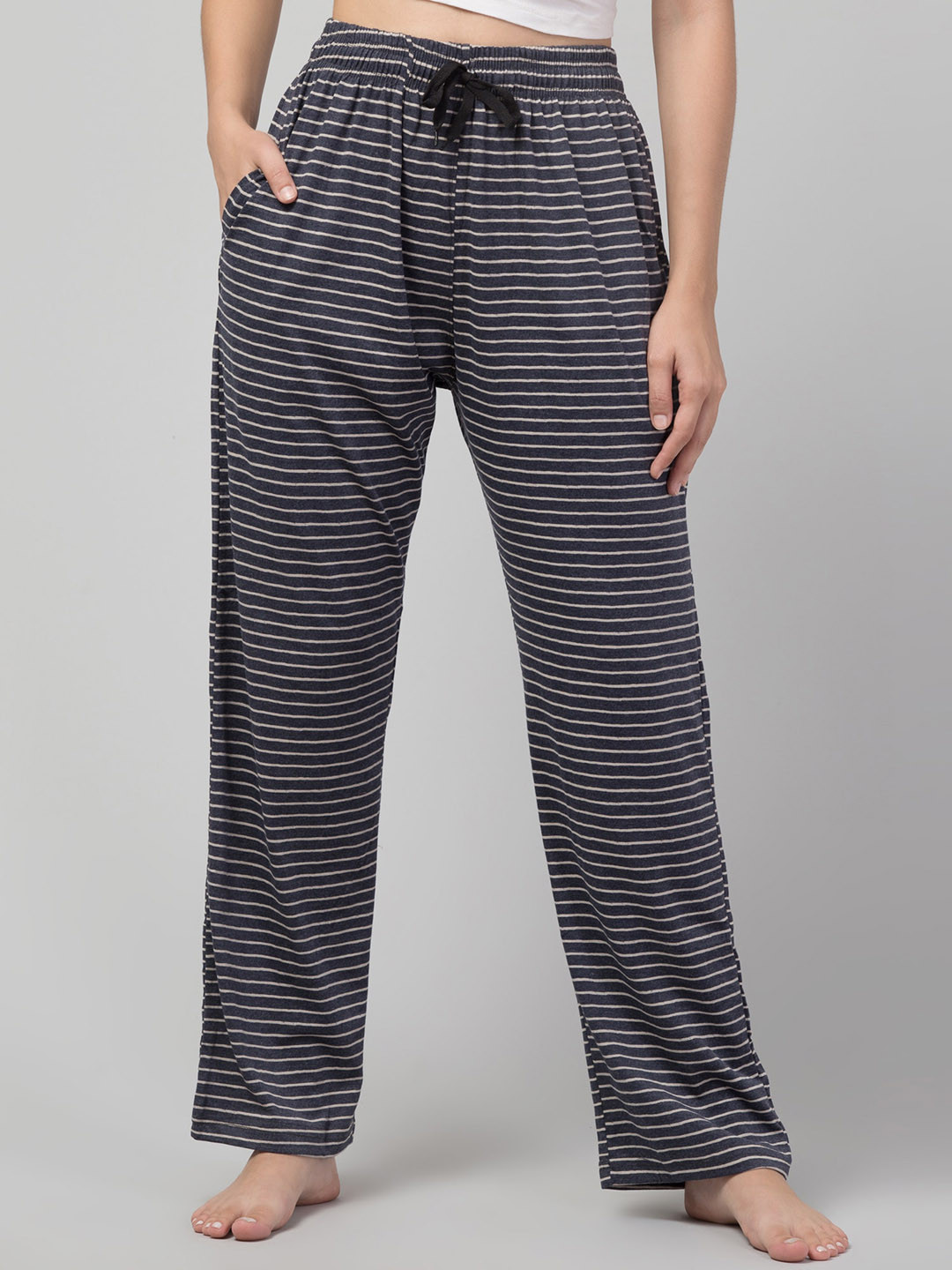 

FFLIRTYGO Women Mid-Rise Horizontally Striped Cotton Straight Lounge Pants, Navy blue