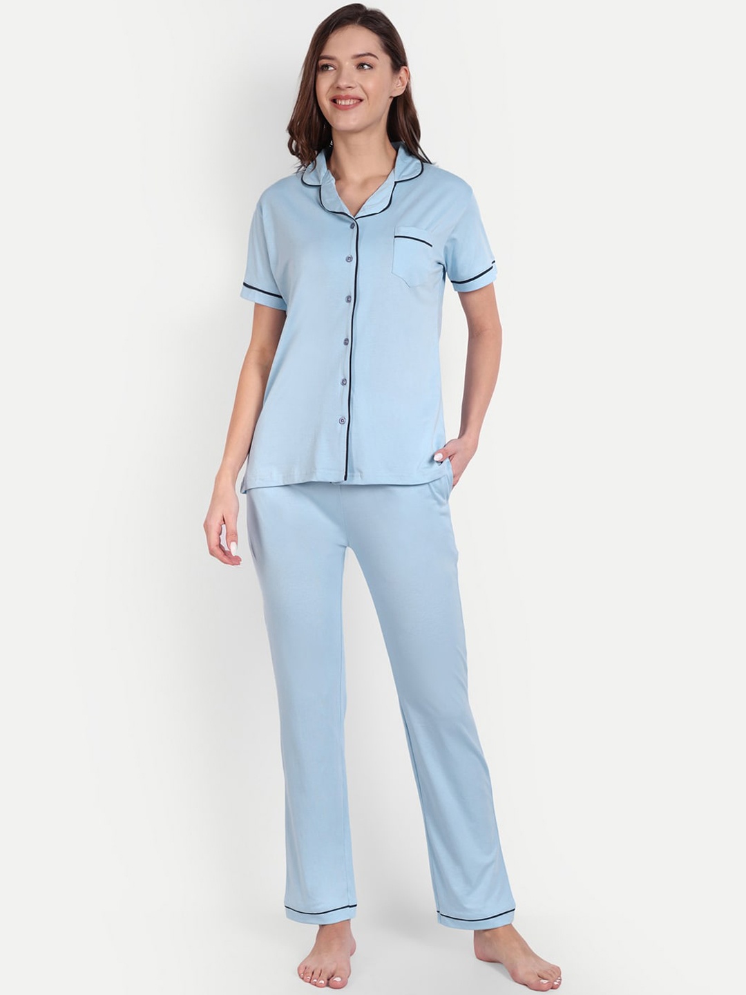 

Bedtime story Lapel Collar Pure Cotton Night Suit, Blue