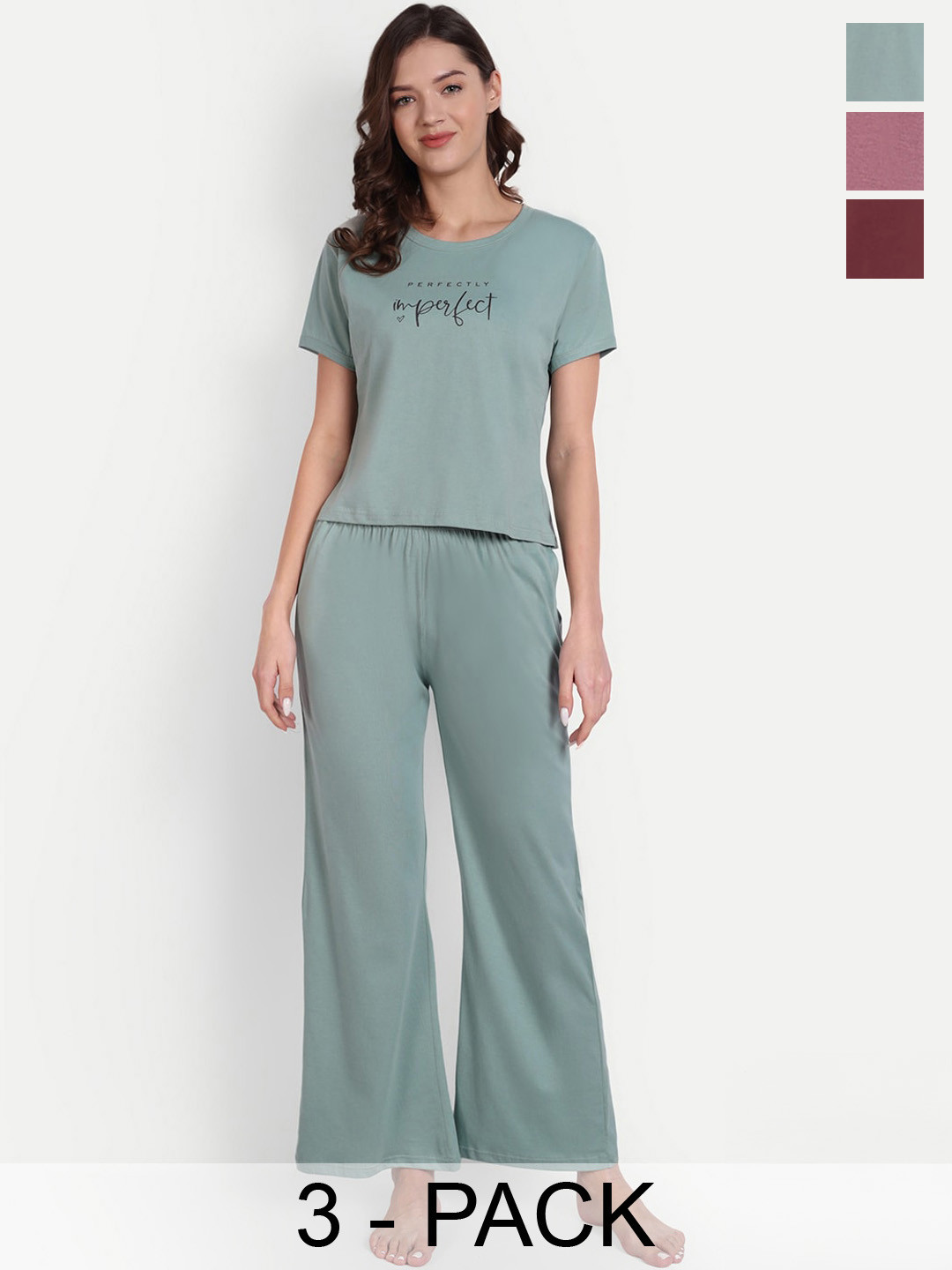 

Bedtime story Pack Of 3 Typography Printed Pure Cotton Night Suit, Green