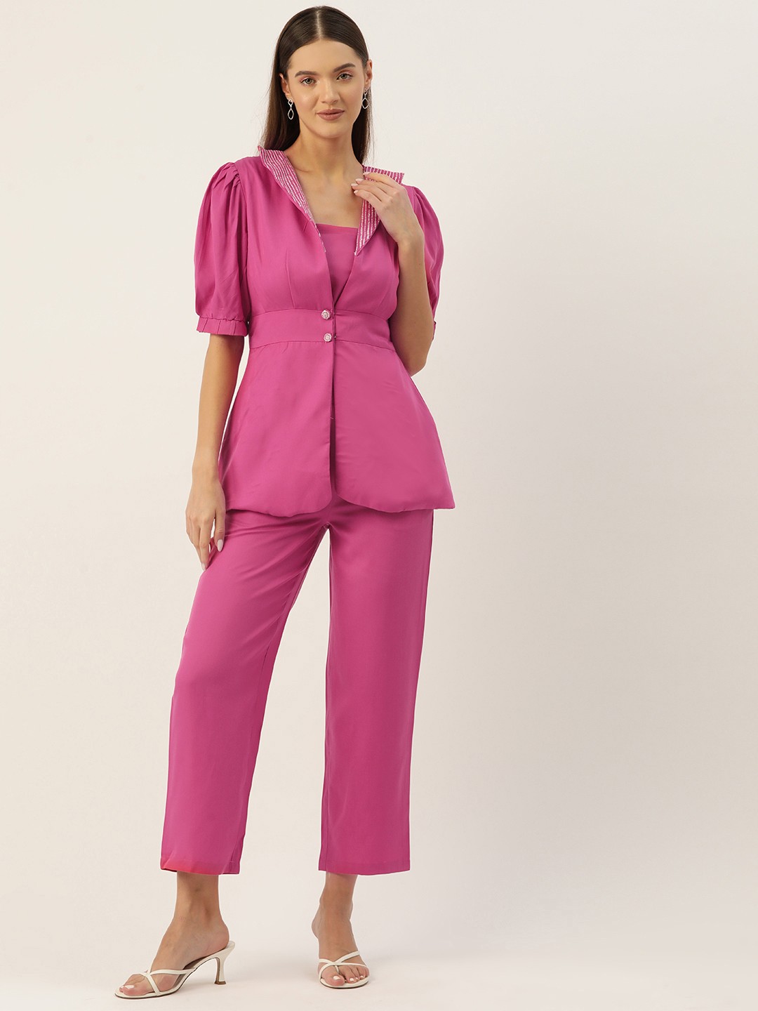 

MISRI Shoulder Straps Crop Blouson Top with Trousers & Blazer, Pink