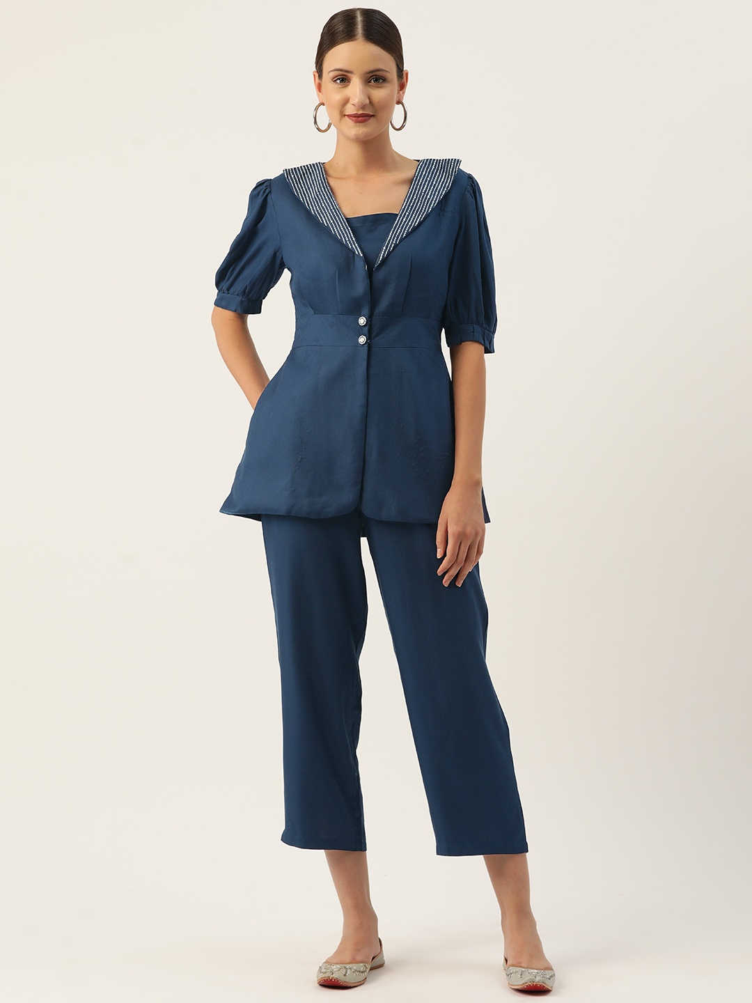 

MISRI Shoulder Straps Crop Blouson Top with Trousers & Blazer, Blue