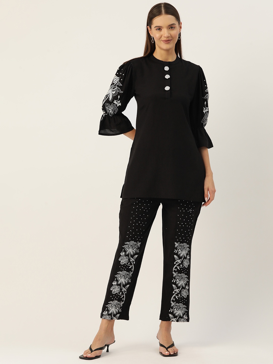 

MISRI Floral Embroidered Longline Top with Trousers, Black