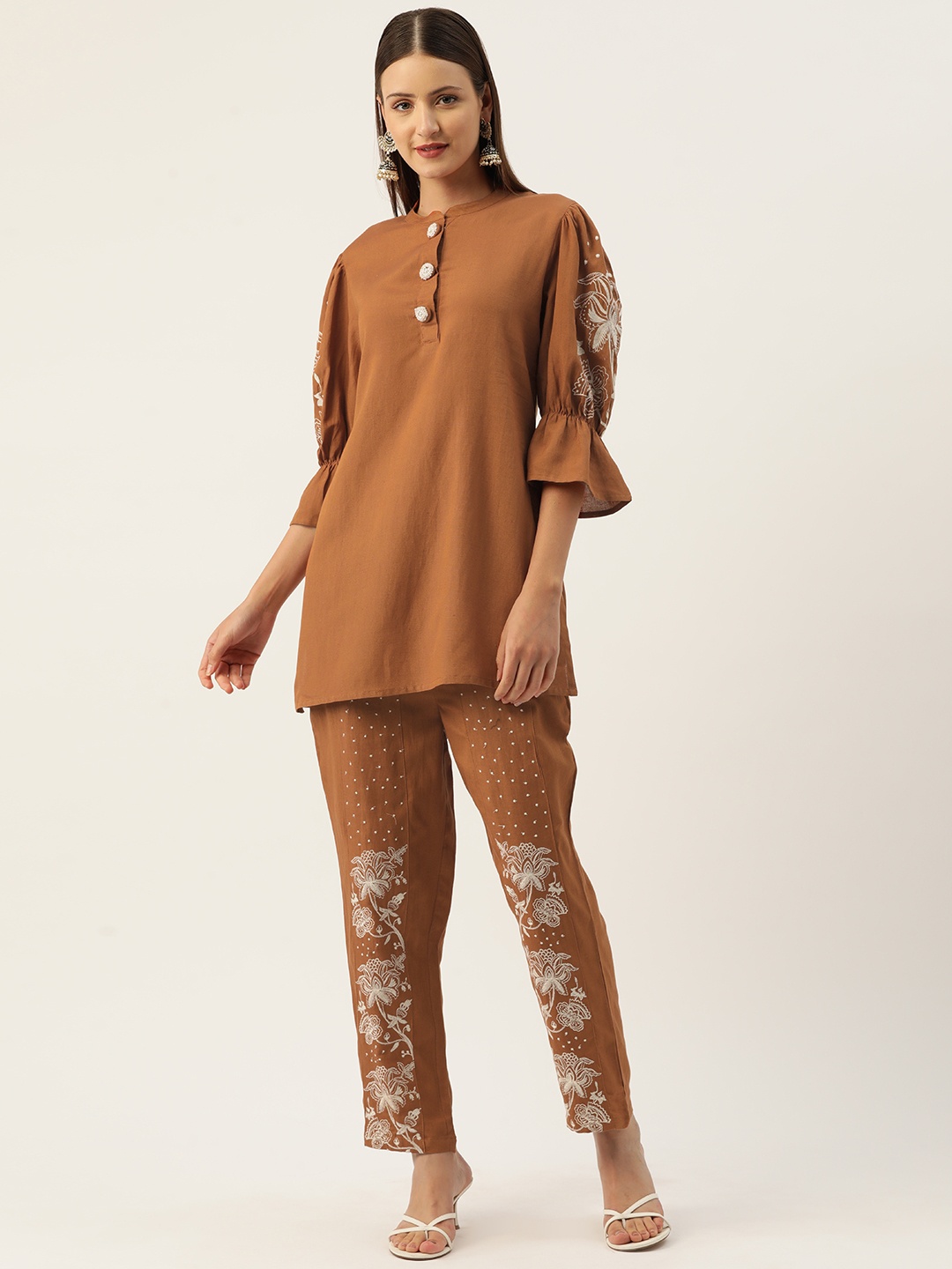 

MISRI Embroidered Pure Cotton Ethnic Tunic with Trousers, Brown