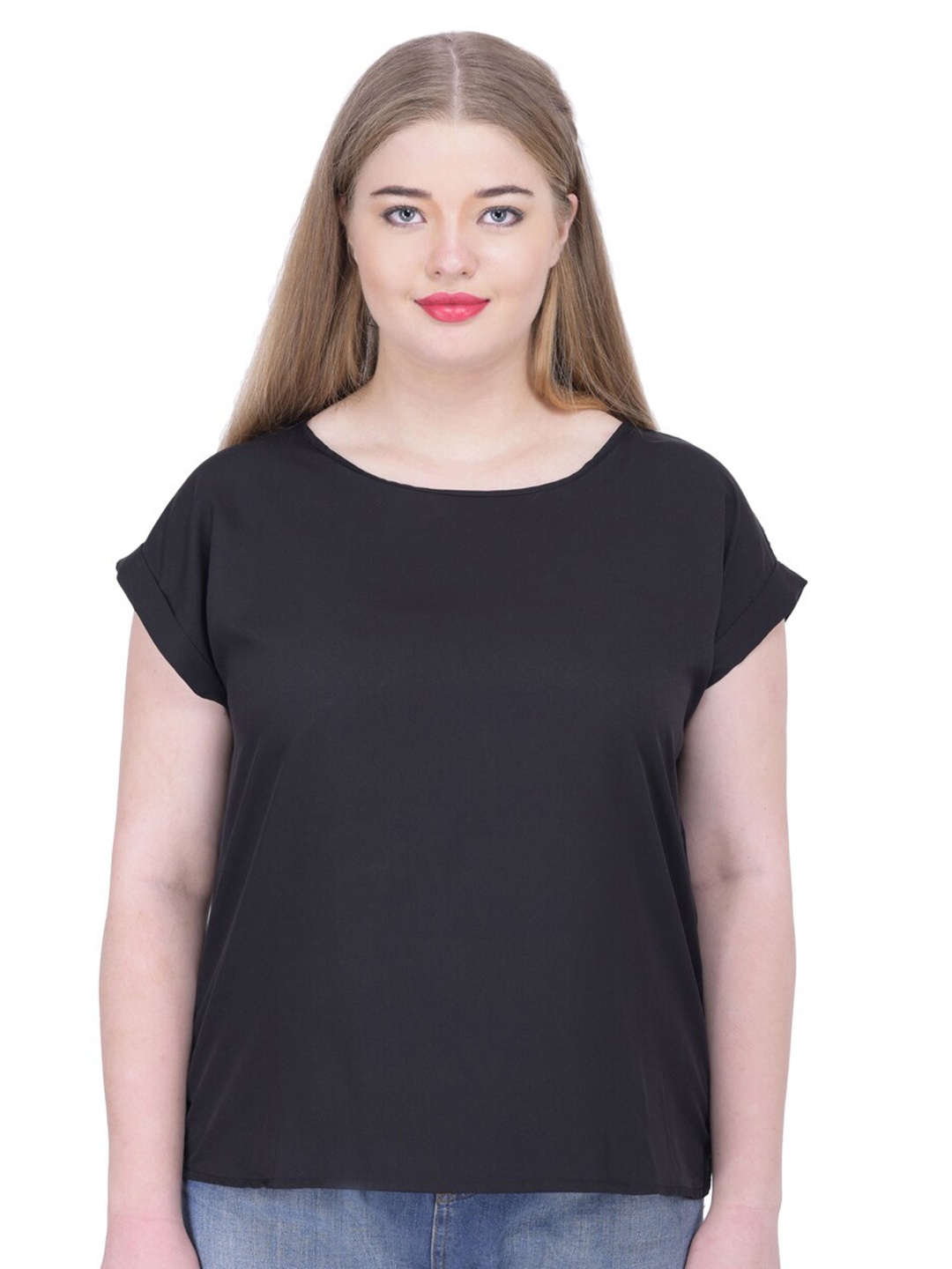 

LastInch Round Neck Crepe Boxy Top, Black