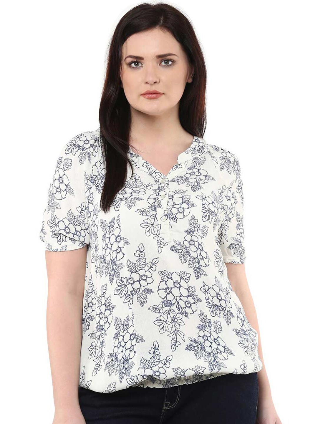 

LastInch Floral Printed Mandarin Collar Georgette Blouson Top, Cream