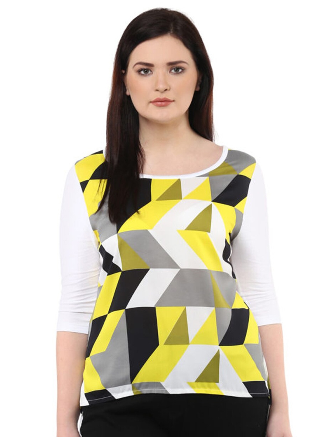 

LastInch Geometric Printed Round Neck Regular Top, Yellow