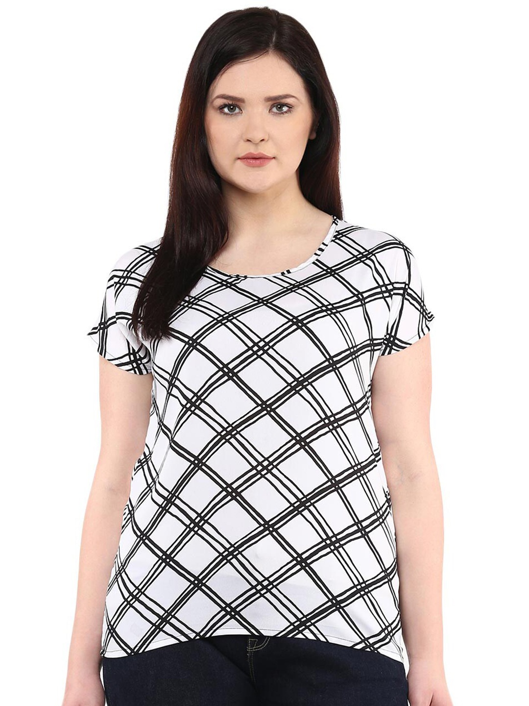 

LastInch Checked Round Neck Regular Top, White