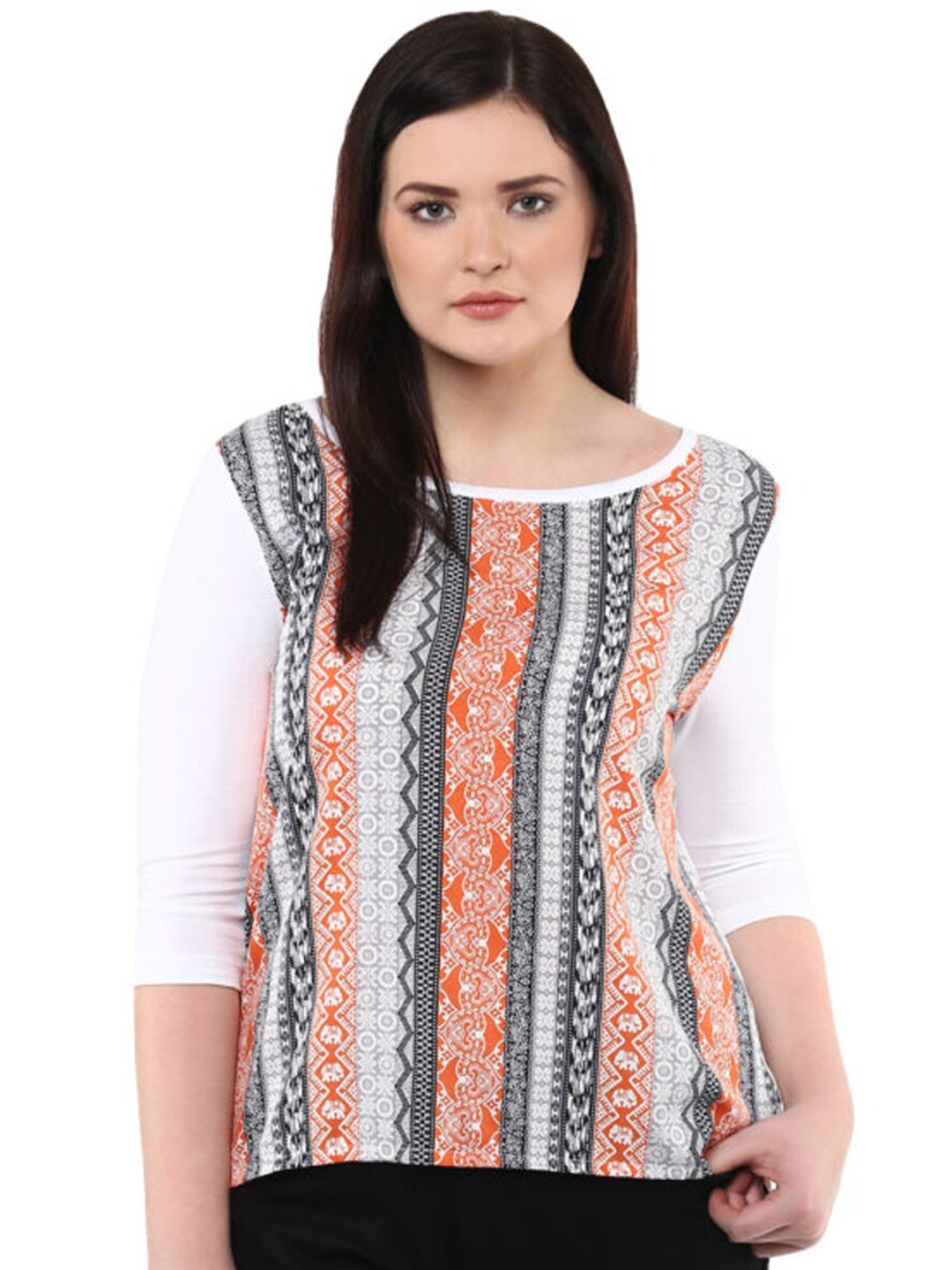 

LastInch Ethnic Motifs Printed Round Neck Regular Top, White