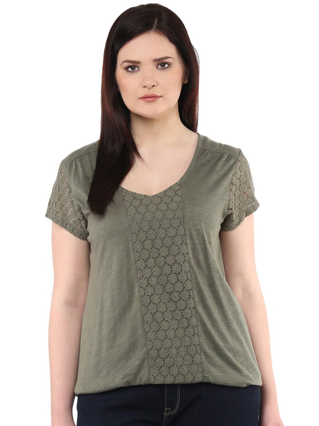 

LastInch Self Design Round Neck Cotton Regular Top, Green