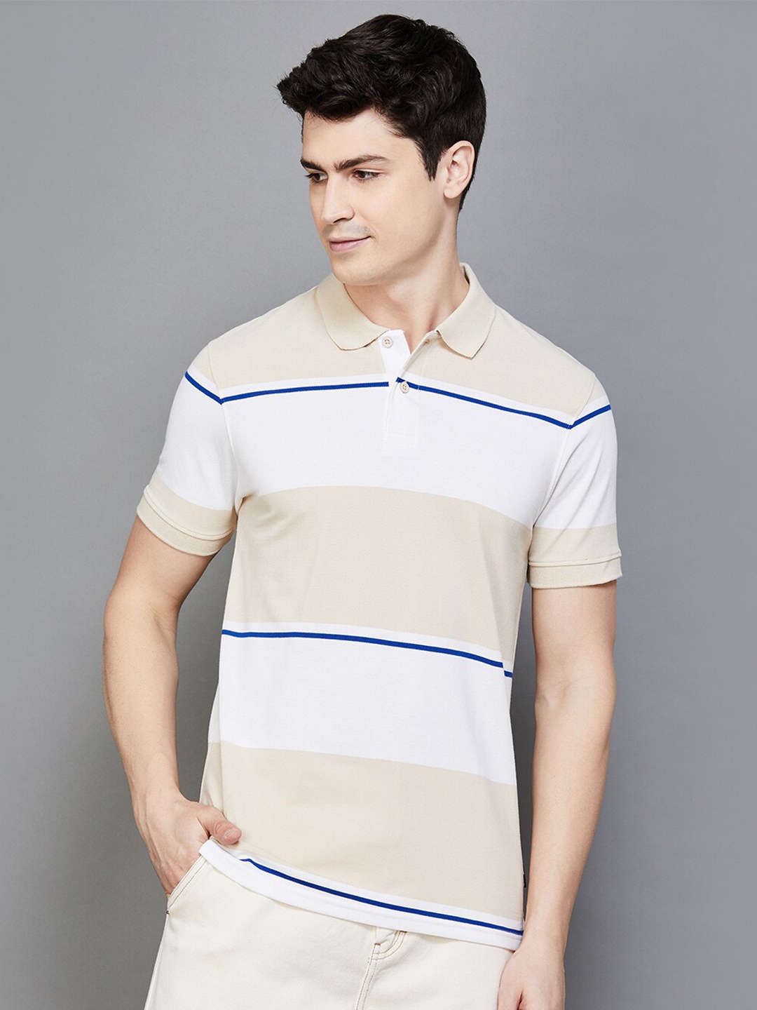 

Fame Forever by Lifestyle Striped Polo Collar T-shirt, Beige