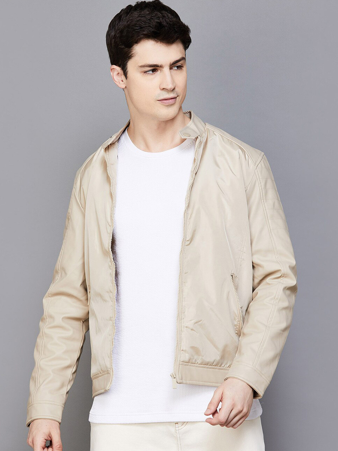 

Fame Forever by Lifestyle Stand Collar Bomber Jacket, Beige