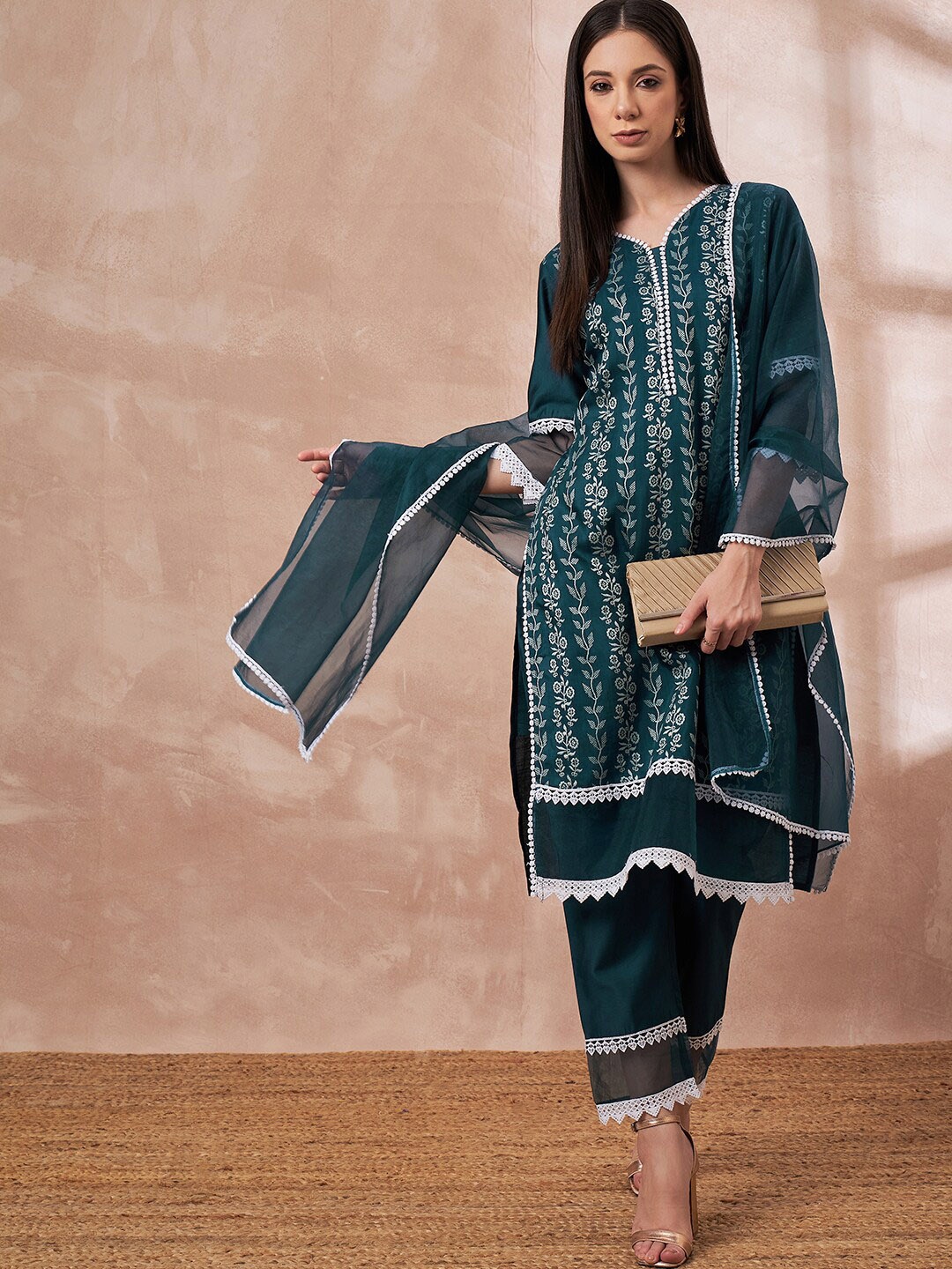 

all about you Teal Floral Embroidered Thread Work Detailed Liva Straight Kurta Set