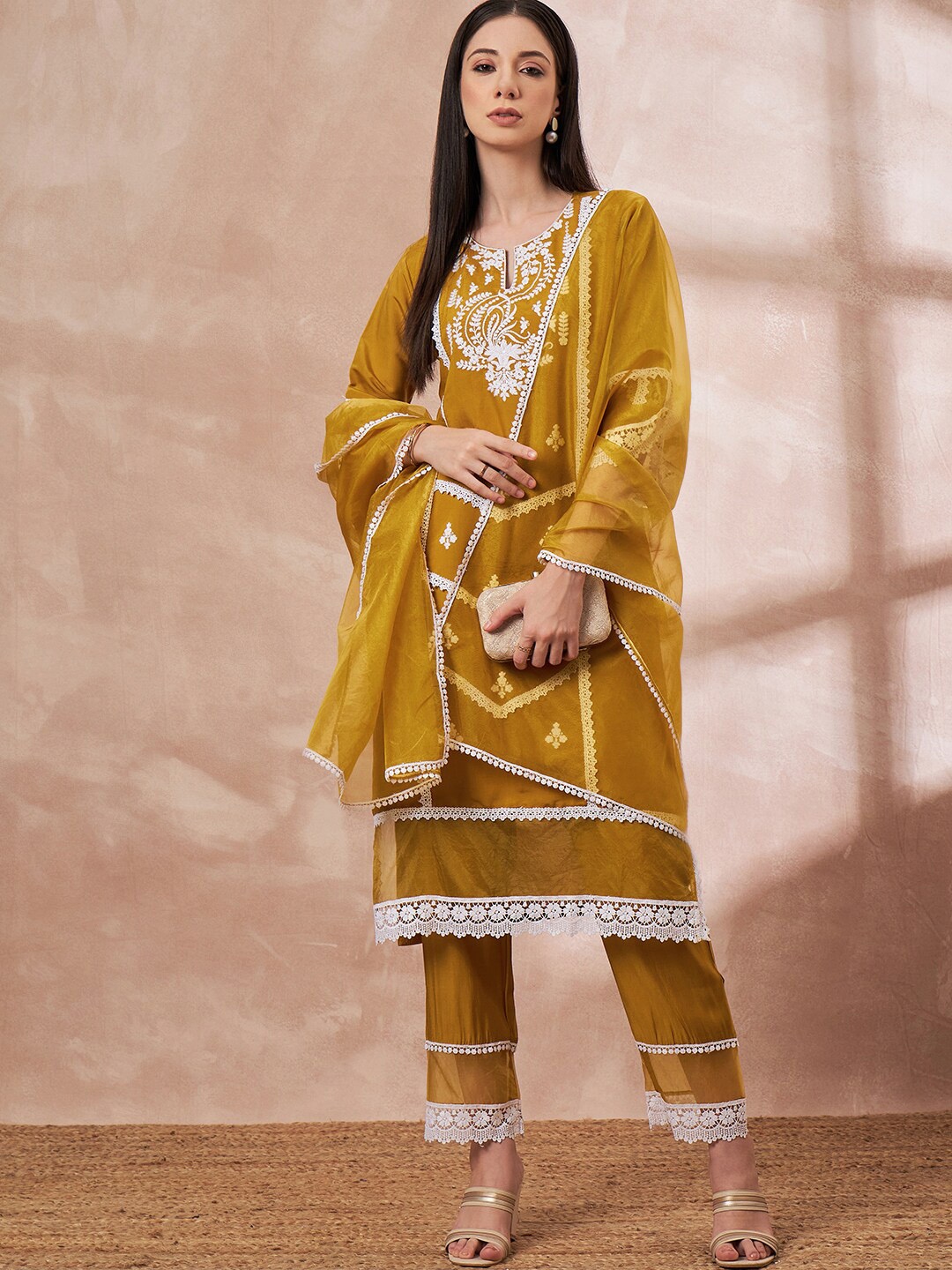 

all about you Mustard Yellow Ethnic Motifs Embroidered Thread Work Liva Straight Kurta Set