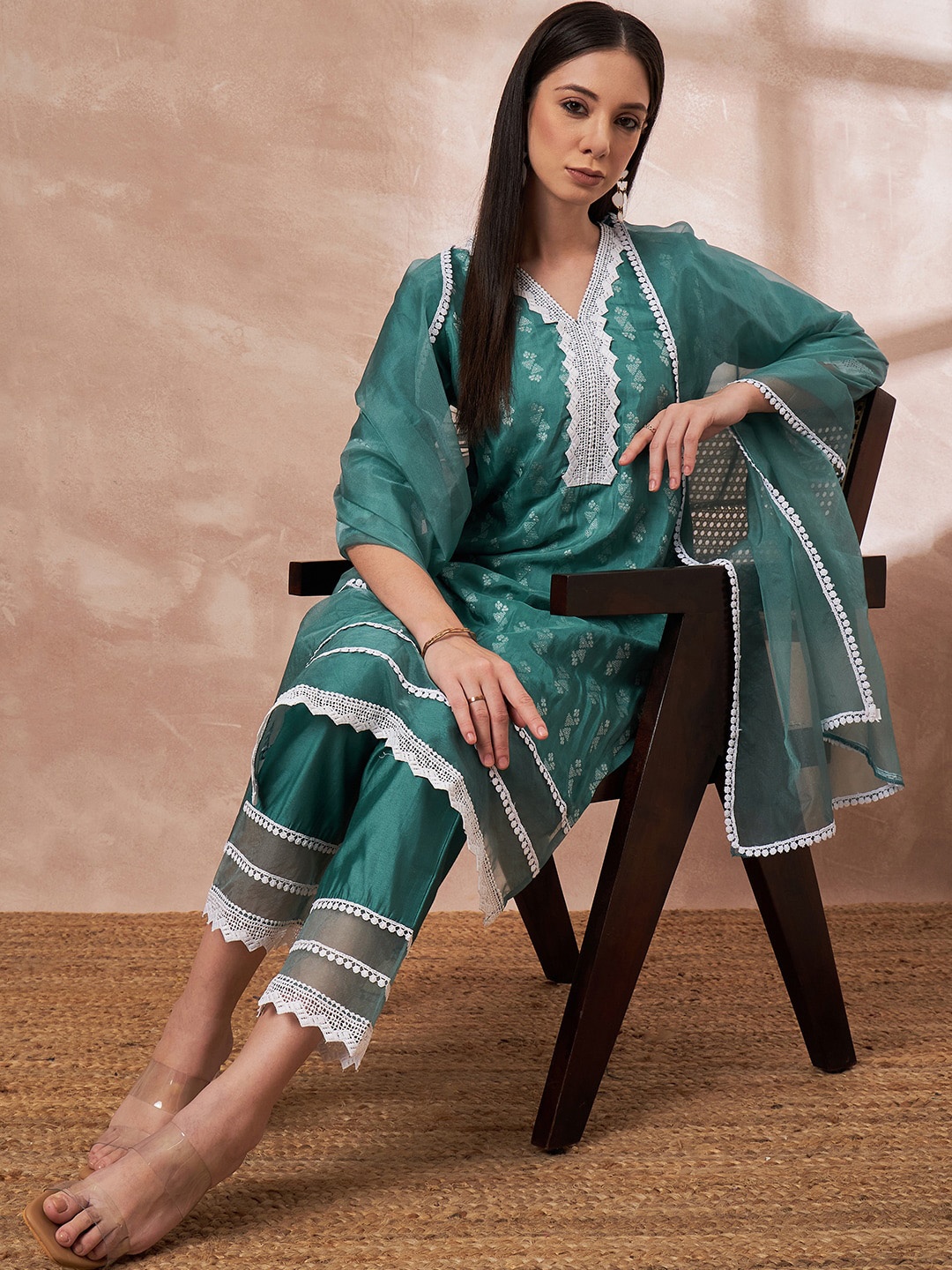 

all about you Sea Green Ethnic Motifs Woven Design Lace Detailed Liva Straight Kurta Set