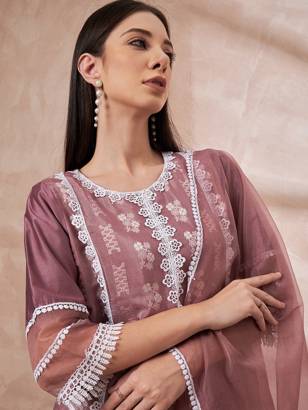 

all about you Mauve Ethnic Motifs Woven Design Lace Detailed Liva Straight Kurta Set