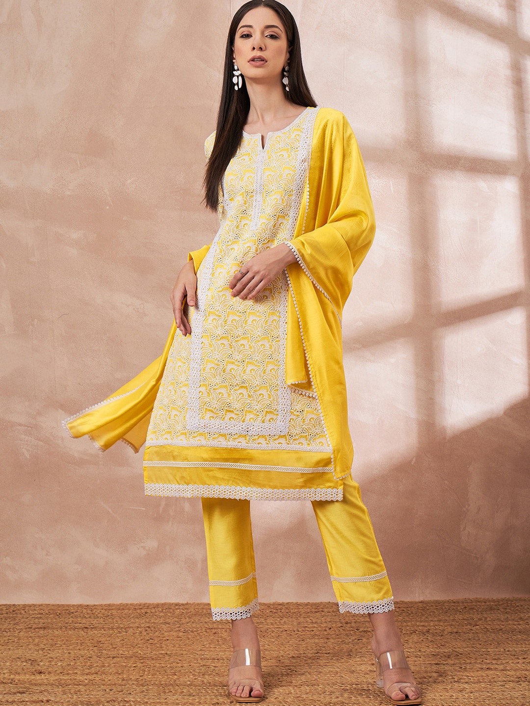 

all about you Yellow Floral Embroidered Thread Work Detailed Liva Straight Kurta Set