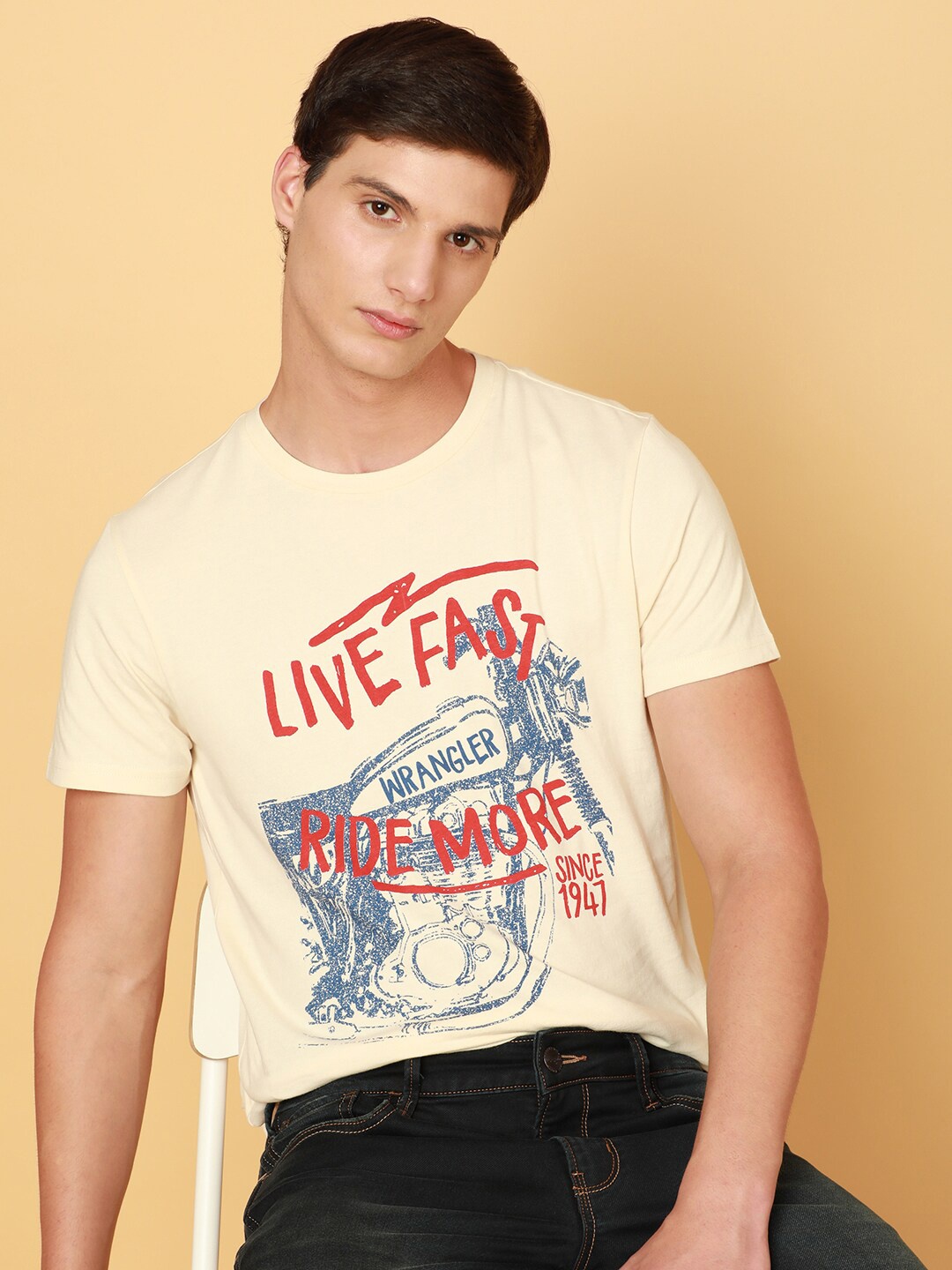 Wrangler Typography Printed Cotton T-shirt, Beige