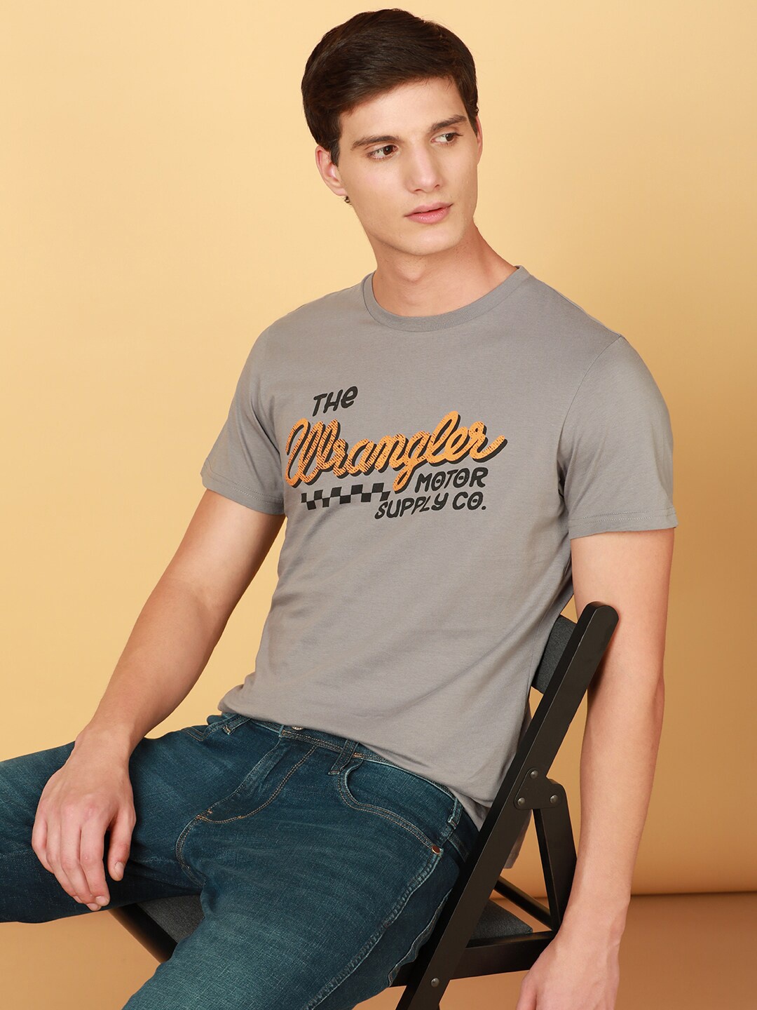 Wrangler Typography Printed Cotton T-Shirt, Grey