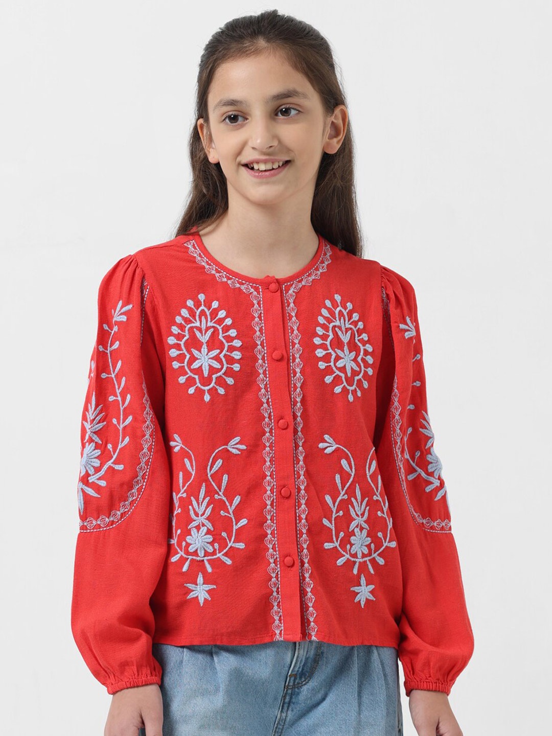 

Vero Moda Girls Ethnic Motifs Embroiedered Puff Sleeves Top, Red
