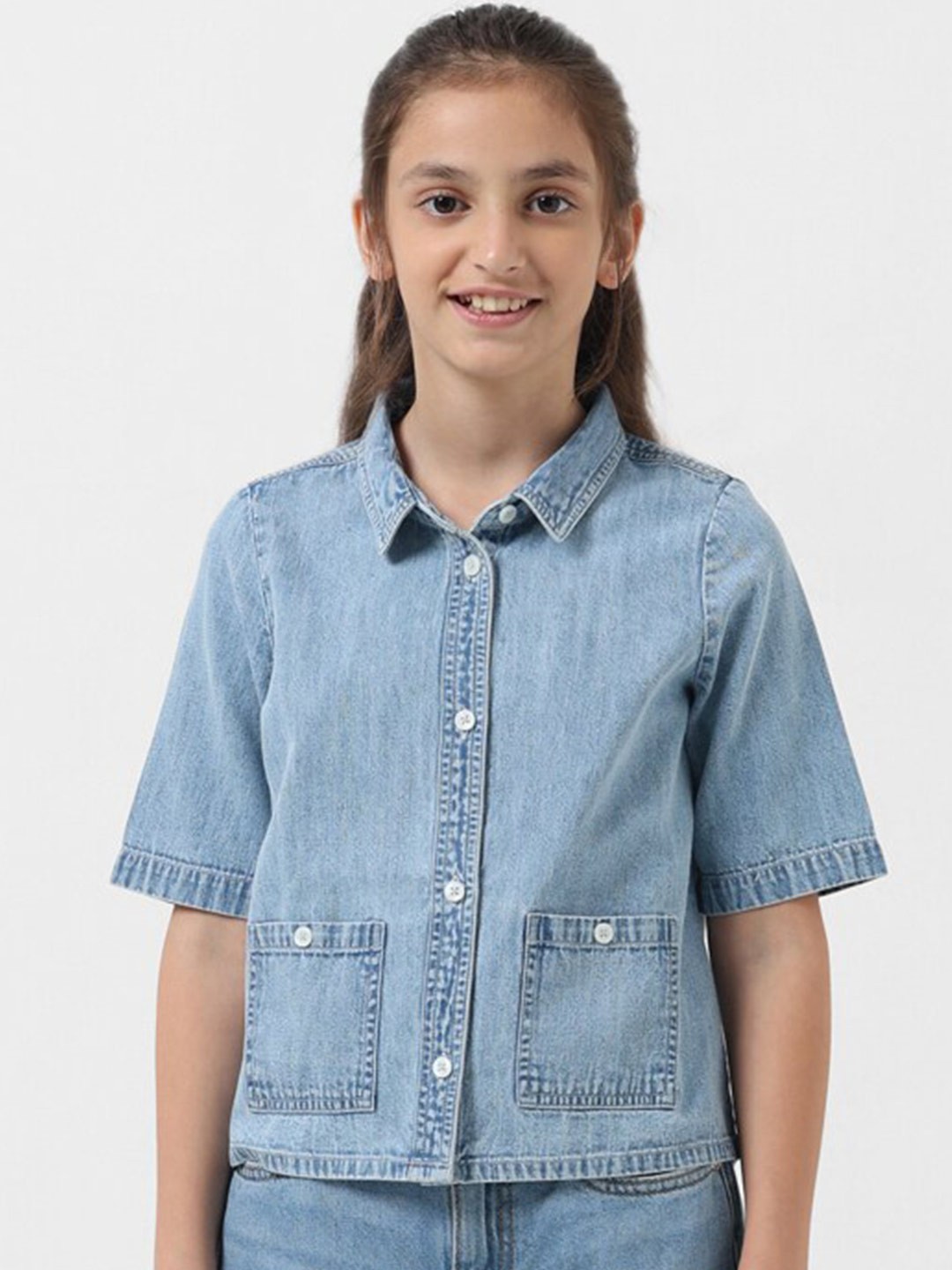 

Vero Moda Girls Spread Collar Denim Pure Cotton Casual Shirt, Blue