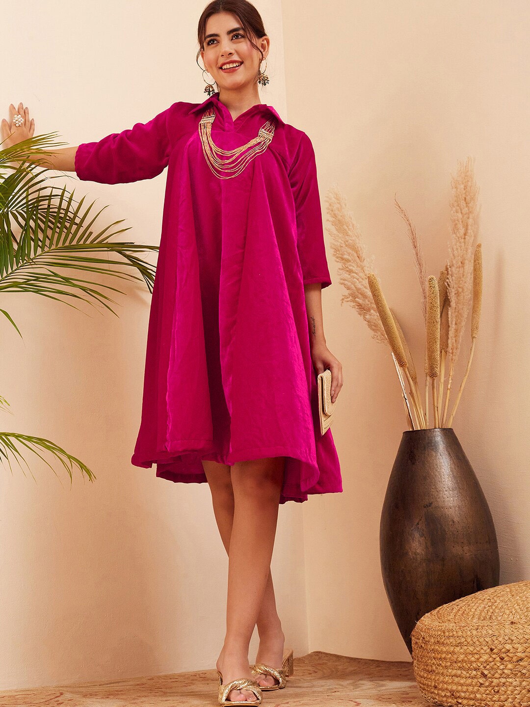 

InWeave Shirt Collar A-Line Dress, Fuchsia