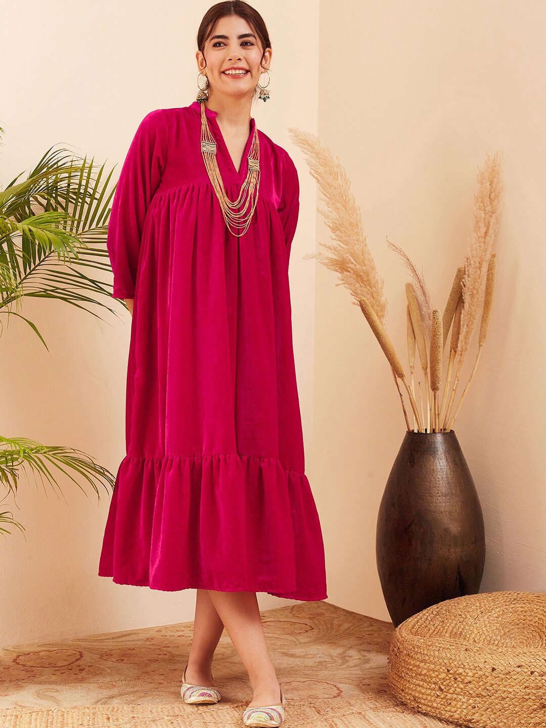

InWeave Mandarin Collar Gathered A-Line Midi Dress, Fuchsia