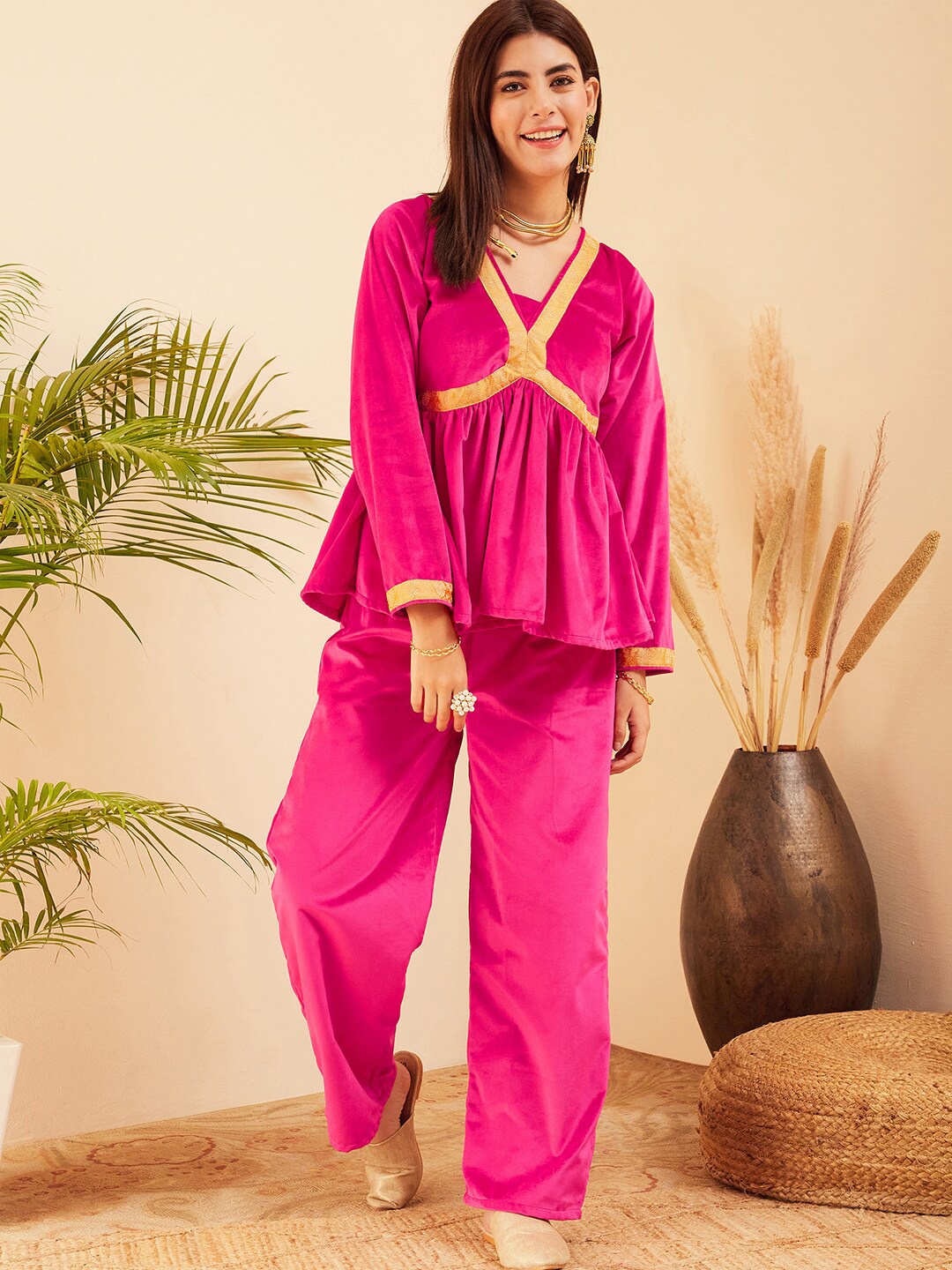 

InWeave V-Neck Peplum Velvet Top With Trousers Co-Ords, Pink