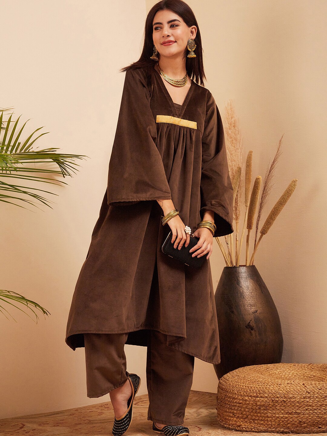 

InWeave Brown V-Neck Flared Sleeves Empire A-Line Velvet Kurta with Trousers