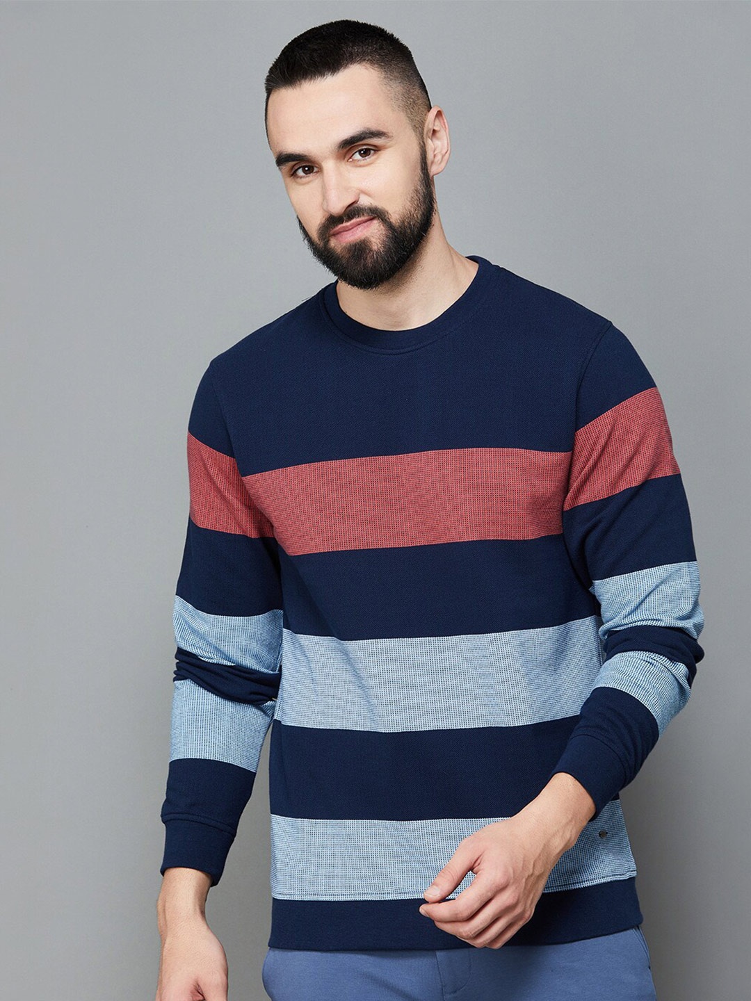 

CODE by Lifestyle Colourblocked Round Neck Cotton Pullover Sweatshirt, Blue