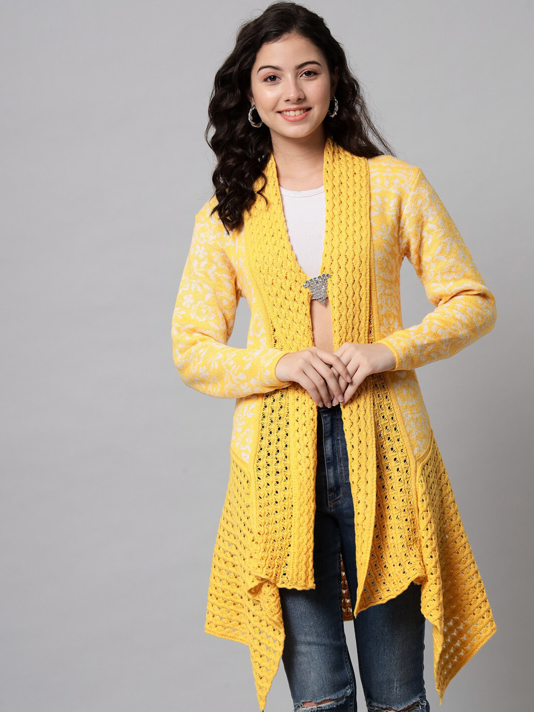 

eWools Self Design Longline Woollen Button Shrug, Yellow