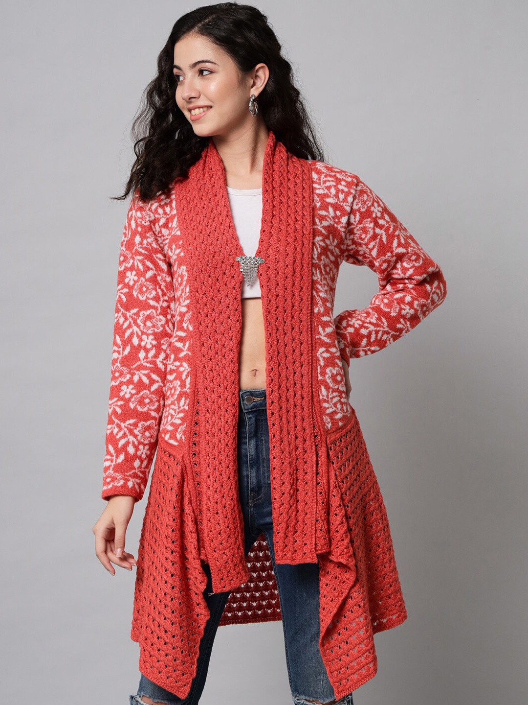 

eWools Floral Self Design Wool Longline Shrug, Red