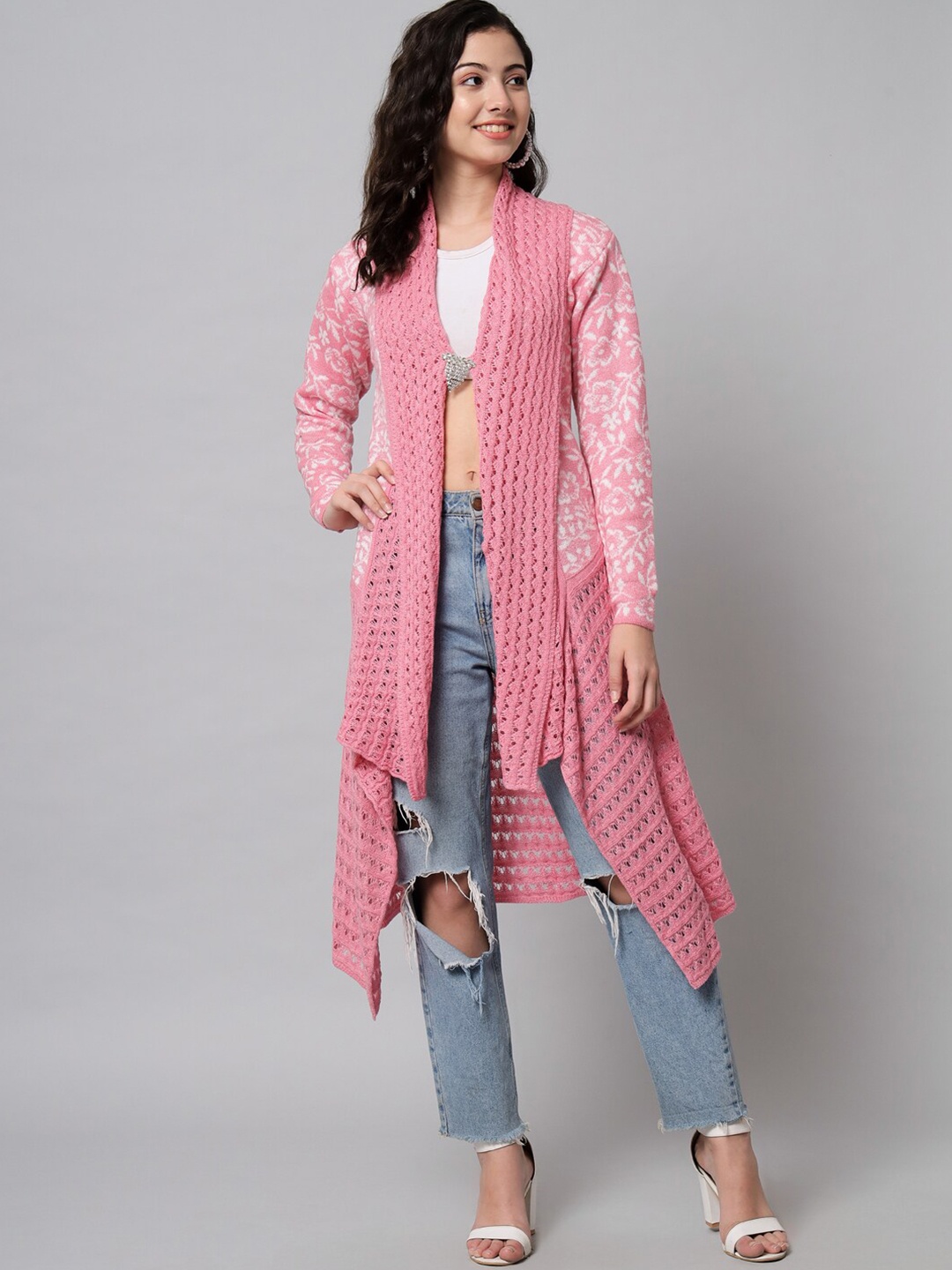 

eWools Floral Self Design Wool Longline Shrug, Pink