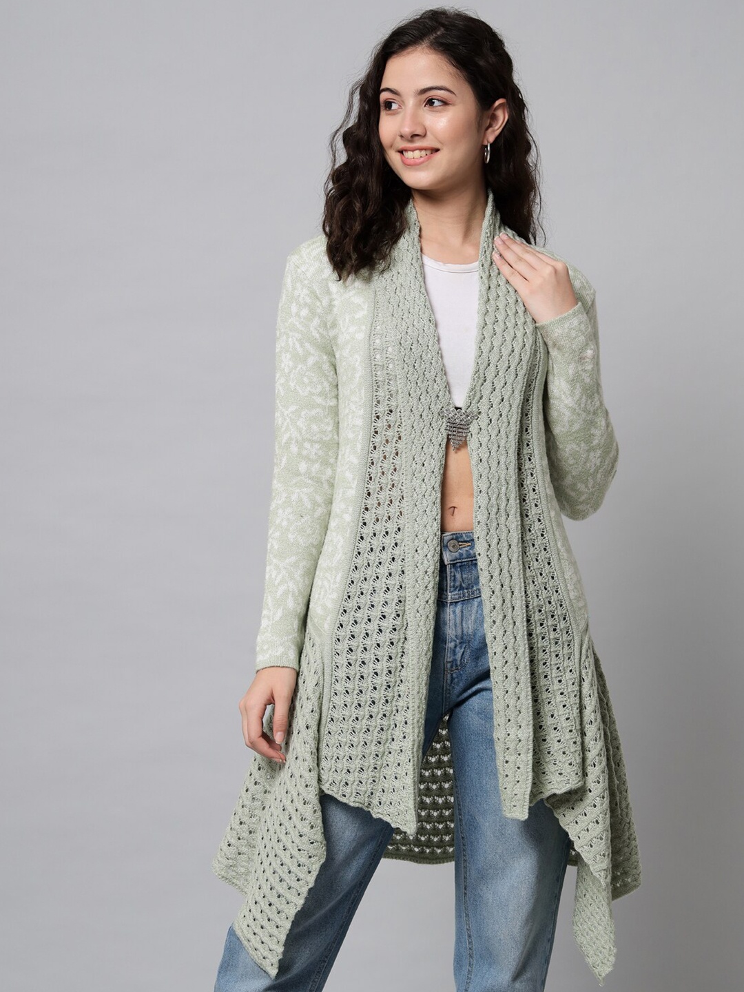 

eWools Floral Self Design Wool Longline Shrug, Green