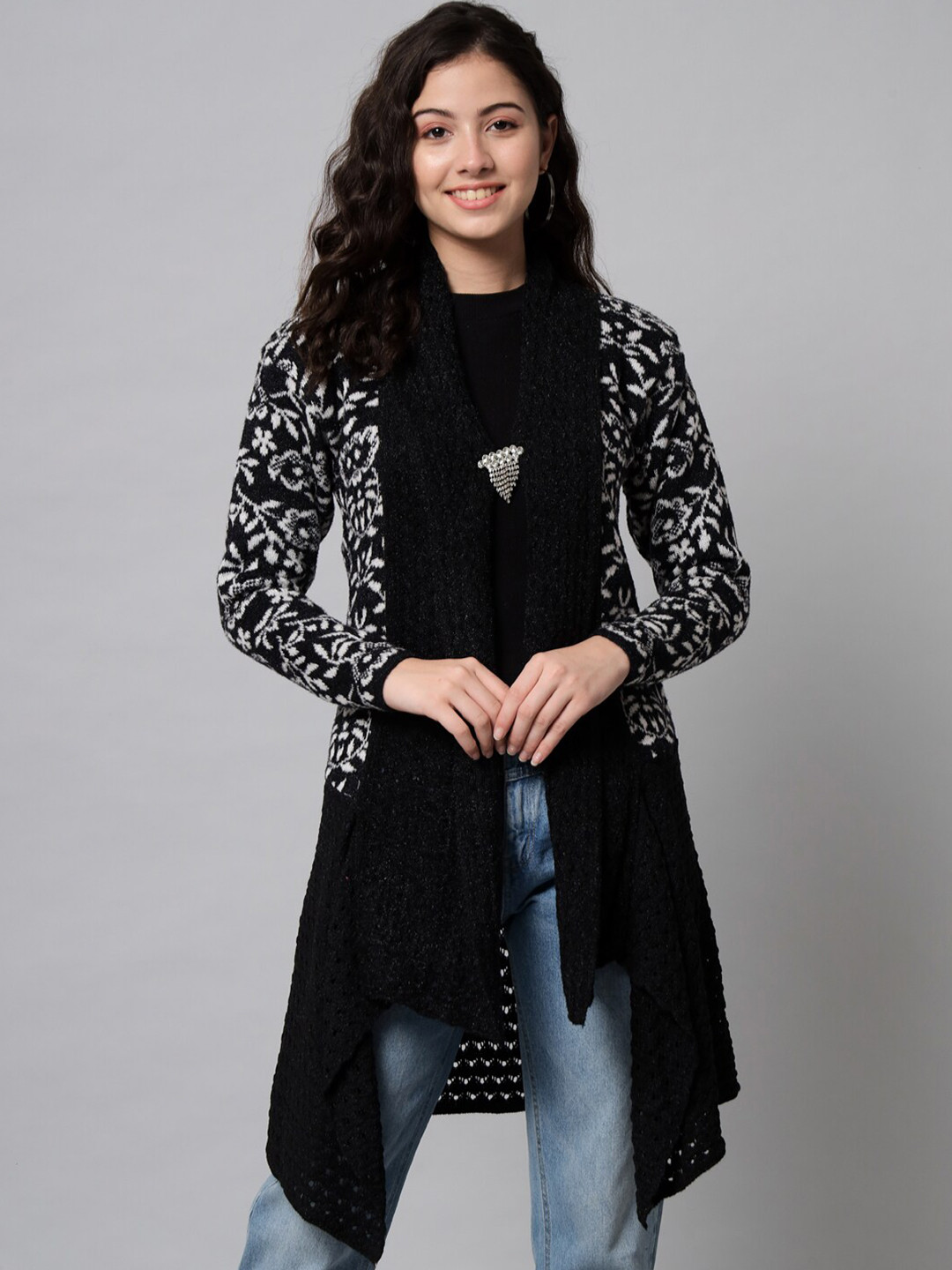 

eWools Floral Self Design Wool Longline Shrug, Black